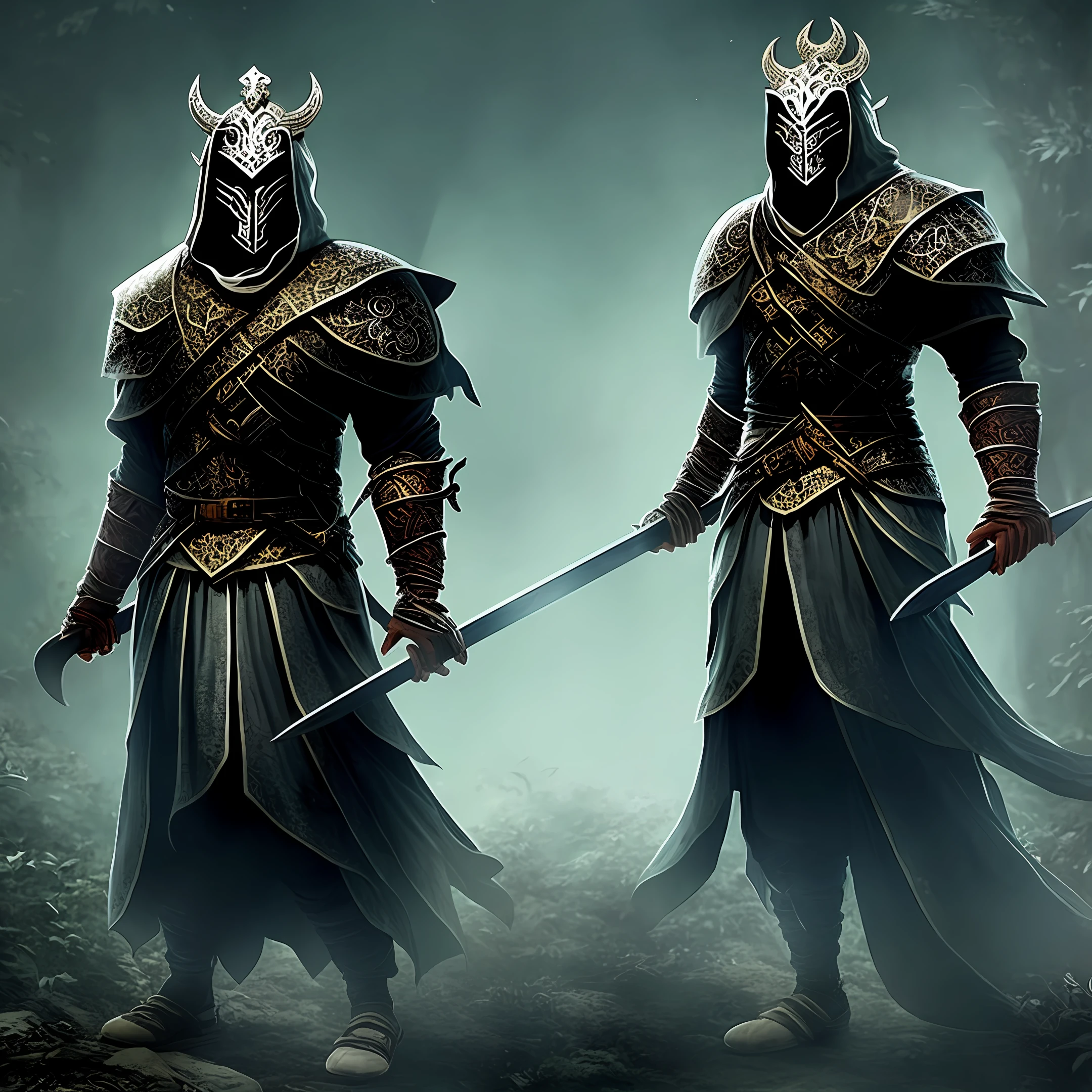In the dark forest,A male warrior of dark souls stands proudly。He wears a set of bodyless armor,There is no body at all。A black shawl fell from his shoulders,Echoing the black hood behind him,Completely covered his face,Only a dark emptiness remains。
The armor on his body was carved into the image of a demon,Every detail is full of horror and evil。The black face carving gives an eerie feeling,And the scarlet eyes flashed fiercely。He wears a barrel helmet,With peepholes,Through that small opening, you can see his cold gaze。
He wears an iron crown on his head,Manifest his status as ruler。He holds a gorgeous black-purple one-handed sword,The body of the sword is inscribed with Gothic motifs,Goes well with his overall look。His figure loomed in the dark forest,Like a king in the dark。
The male warrior of the dark soul exudes a powerful and evil aura,He is the embodiment of dark forces。And he chose to appear in the dark forest,Maybe in search of more dark energy,Or to chase his own goals。Eh,His presence is destined to bring fear and awe,He will write his own legend in the dark forest。