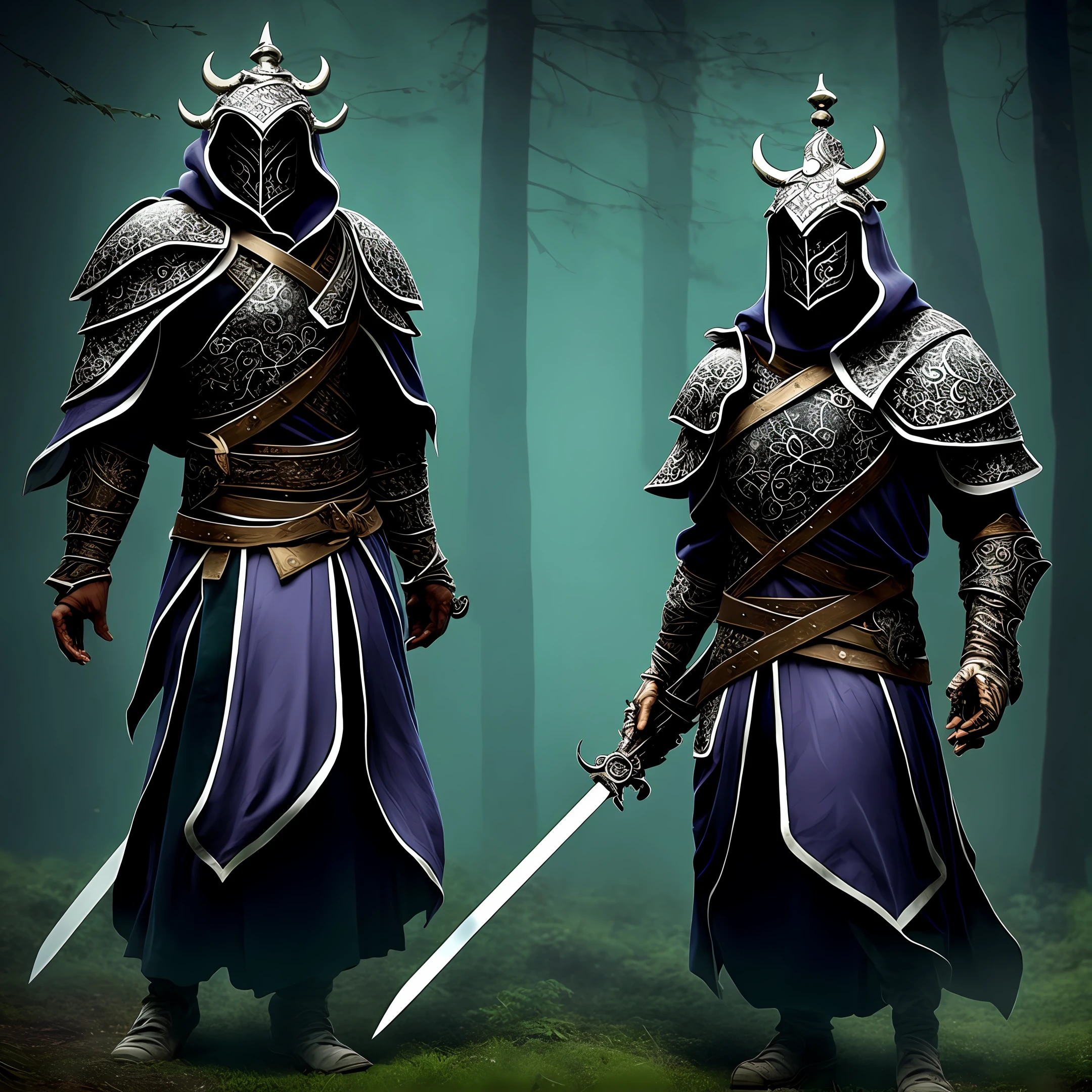In the dark forest,A male warrior of dark souls stands proudly。He wears a set of bodyless armor,There is no body at all。A black shawl fell from his shoulders,Echoing the black hood behind him,Completely covered his face,Only a dark emptiness remains。
The armor on his body was carved into the image of a demon,Every detail is full of horror and evil。The black face carving gives an eerie feeling,And the scarlet eyes flashed fiercely。He wears a barrel helmet,With peepholes,Through that small opening, you can see his cold gaze。
He wears an iron crown on his head,Manifest his status as ruler。He holds a gorgeous black-purple one-handed sword,The body of the sword is inscribed with Gothic motifs,Goes well with his overall look。His figure loomed in the dark forest,Like a king in the dark。
The male warrior of the dark soul exudes a powerful and evil aura,He is the embodiment of dark forces。And he chose to appear in the dark forest,Maybe in search of more dark energy,Or to chase his own goals。Eh,His presence is destined to bring fear and awe,He will write his own legend in the dark forest。