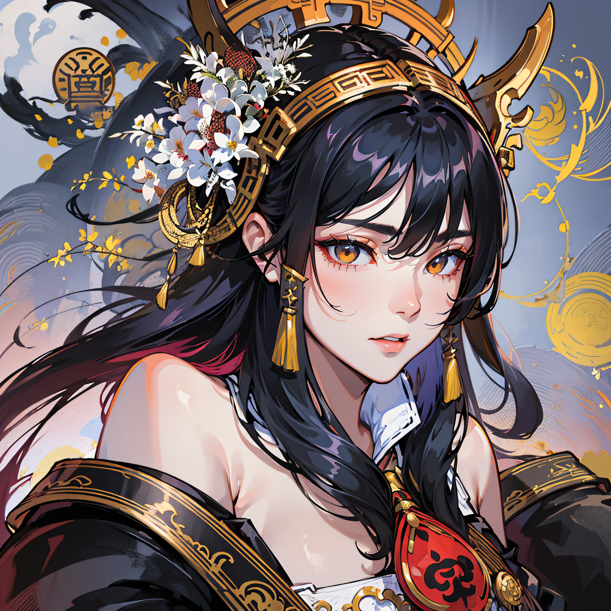 best qualtiy,highly detailed,tmasterpiece,ultra - detailed,white offshoulder shirt,Kizi,simplebackground,Elaborate Eyes,blacksilk,Raised sexy --auto