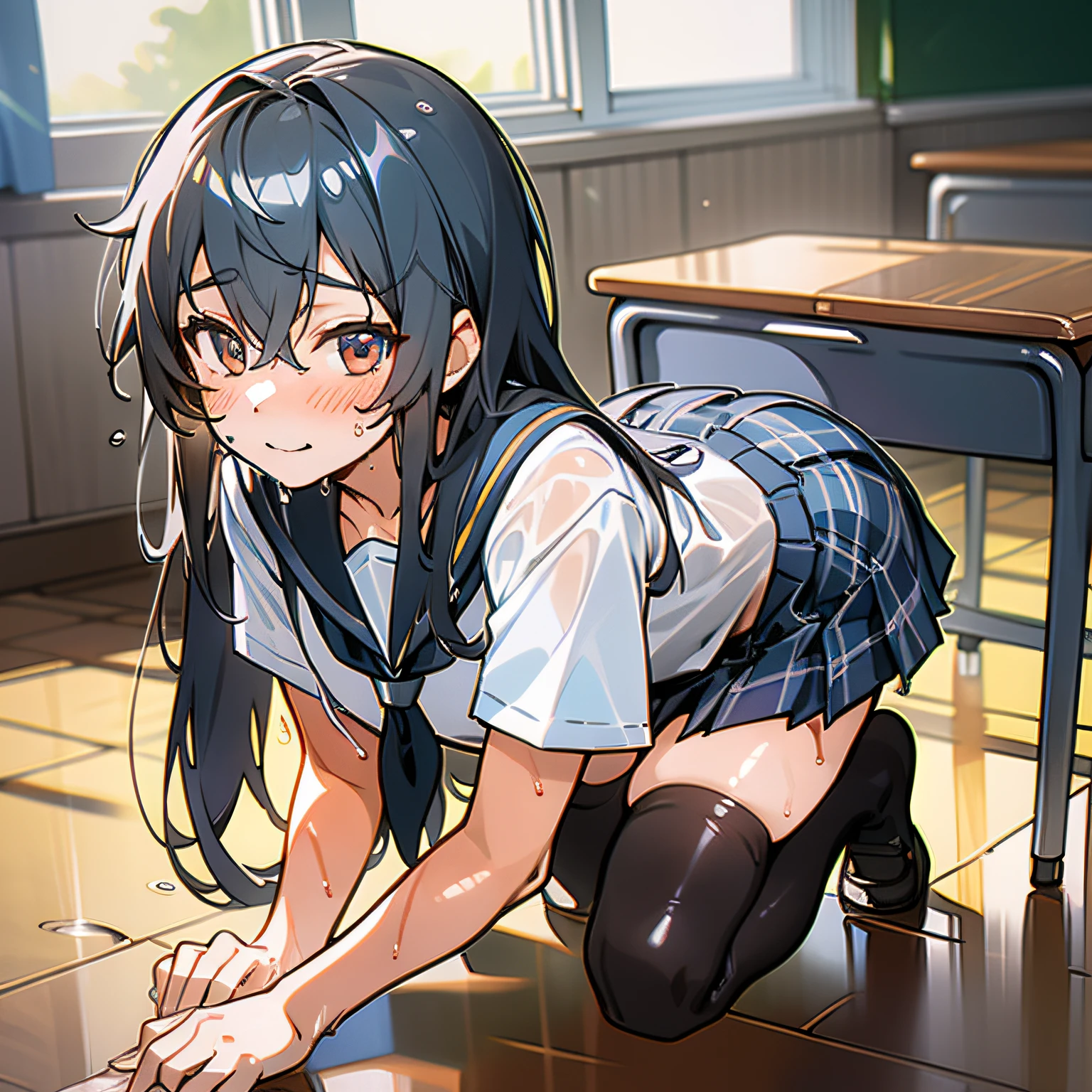 (masterpiece, best quality:1.2), a hyperrealistic schoolgirl, solo, 1girl, yukinoshita yukino, (shiny skin, wet skin:1.2), sweating, slight smile, looking at viewer, on all fours, school uniform, white shirt, plaid skirt, thighhighs, afternoon, classroom hyperrealistic schoolgirl