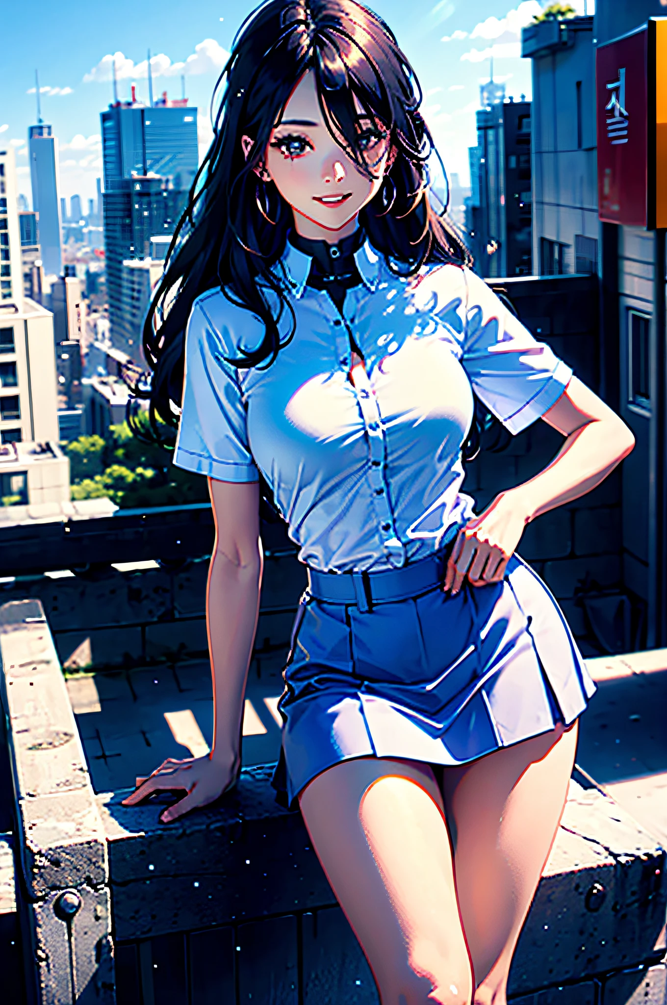 official art, masterpiece, sharp focus, (beautiful gorgeous cute Korean woman:1.3), (beautiful cute korean:1.3), korean beauty, Delicate and beautiful hair and eyes and face, realistic, ultra detailed, beautiful girl, blue sky, glow white particle, (sidelighting:1.2), sun light, white cloud, detailed clouds, slender, Lovely breasts and hips, smile with teeth, ((smile with eyes, open both eyes)), scenery, long straight hair, sexy facial expression, building, (cityscape:1.3), night, dynamic hair, long straight hair, detailed platinum black hair, glow red eyes, (blue shirts + white skirt + white long socks), pale skin, hair ornament, epic scenery,