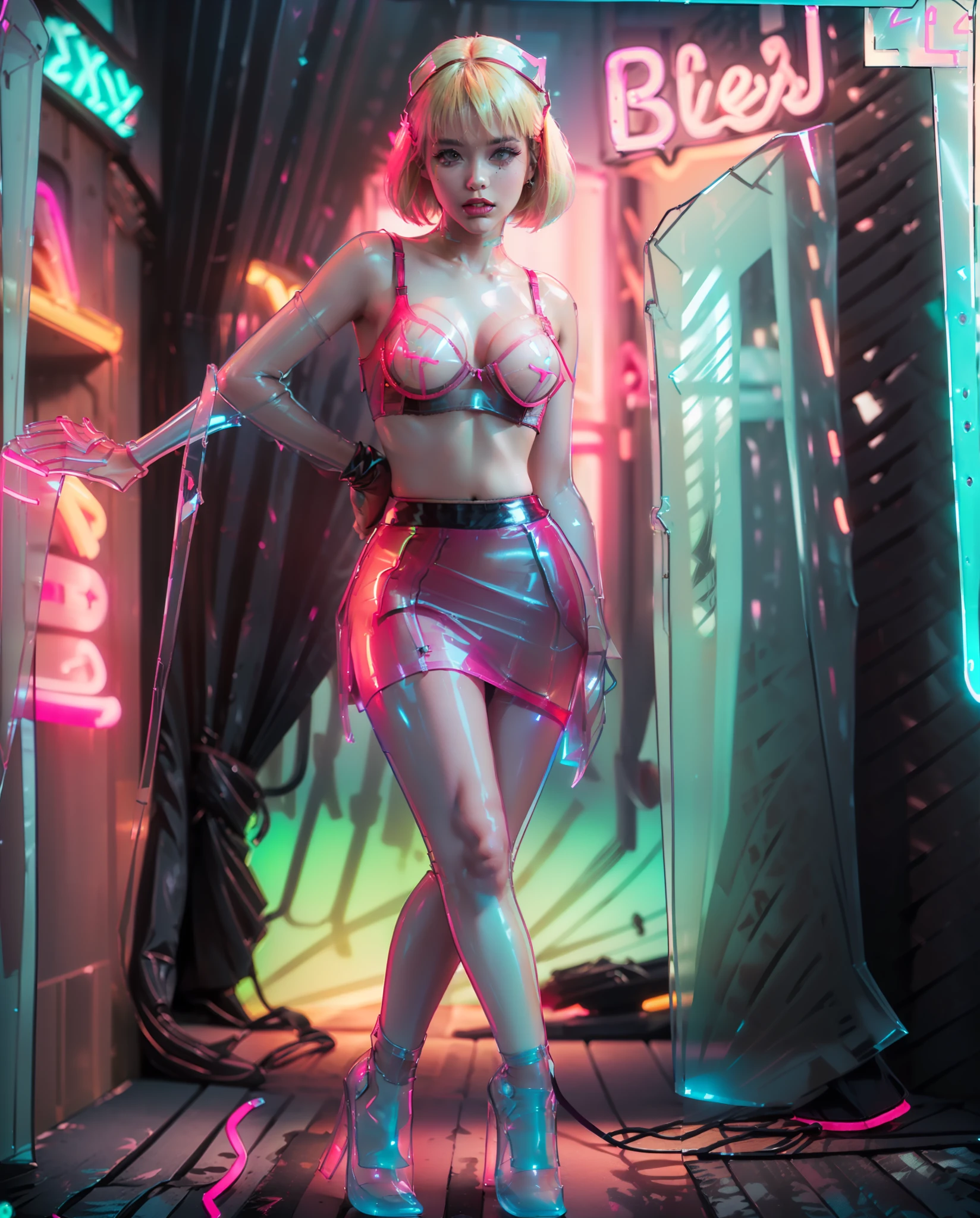 (((erected, Studio portrait of a milf with bleached blonde hair, small breasts, lipstick, makeup, neon blue latex (((((Transparent skirt))))), ((((neon red transparent latex bra)))), pink high heels, Standing, seductive, Happy, well lit, Pink photo studio