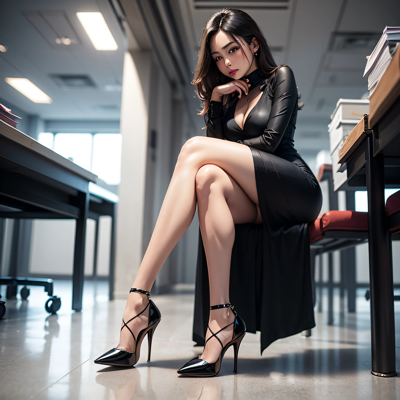 A beautiful woman wearing black silk high heels in a company --auto
