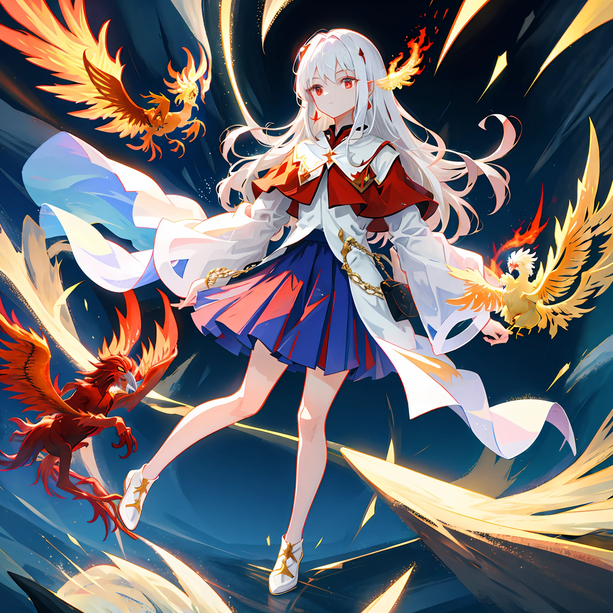 The white-haired and red-eyed royal sister is wearing a wide-sleeved flowing fairy skirt，There is a phoenix behind him