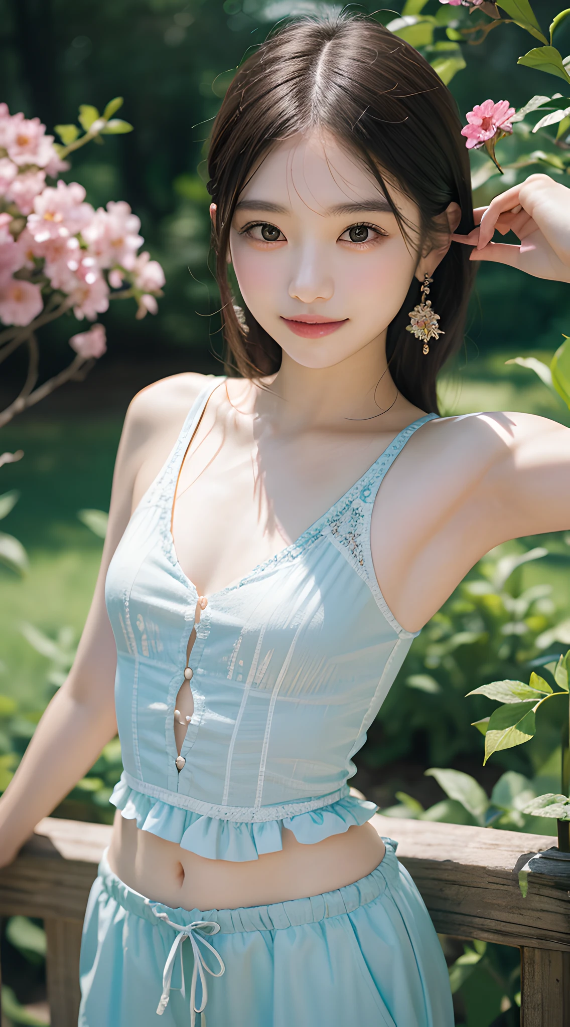 (masterpiece, best quality:1.6), delicate girl, beautiful face, flowers, elegance pose, 8k, official art, raw photo, absurdres, 85mm portrait, violaceaess, gardeniass, upper body, (close up face:0.8), (peplum tops:1.2), long pants, large breasts, cinch waist, thin arms, thin waist, arch back, looking at viewer, small earrings, sophisticated, no makeup, facelight, clear lighting, film grain, chromatic aberration, sharp focus, shiny skin, (smile:0.7), garden, (bokeh background:1.2), simple background