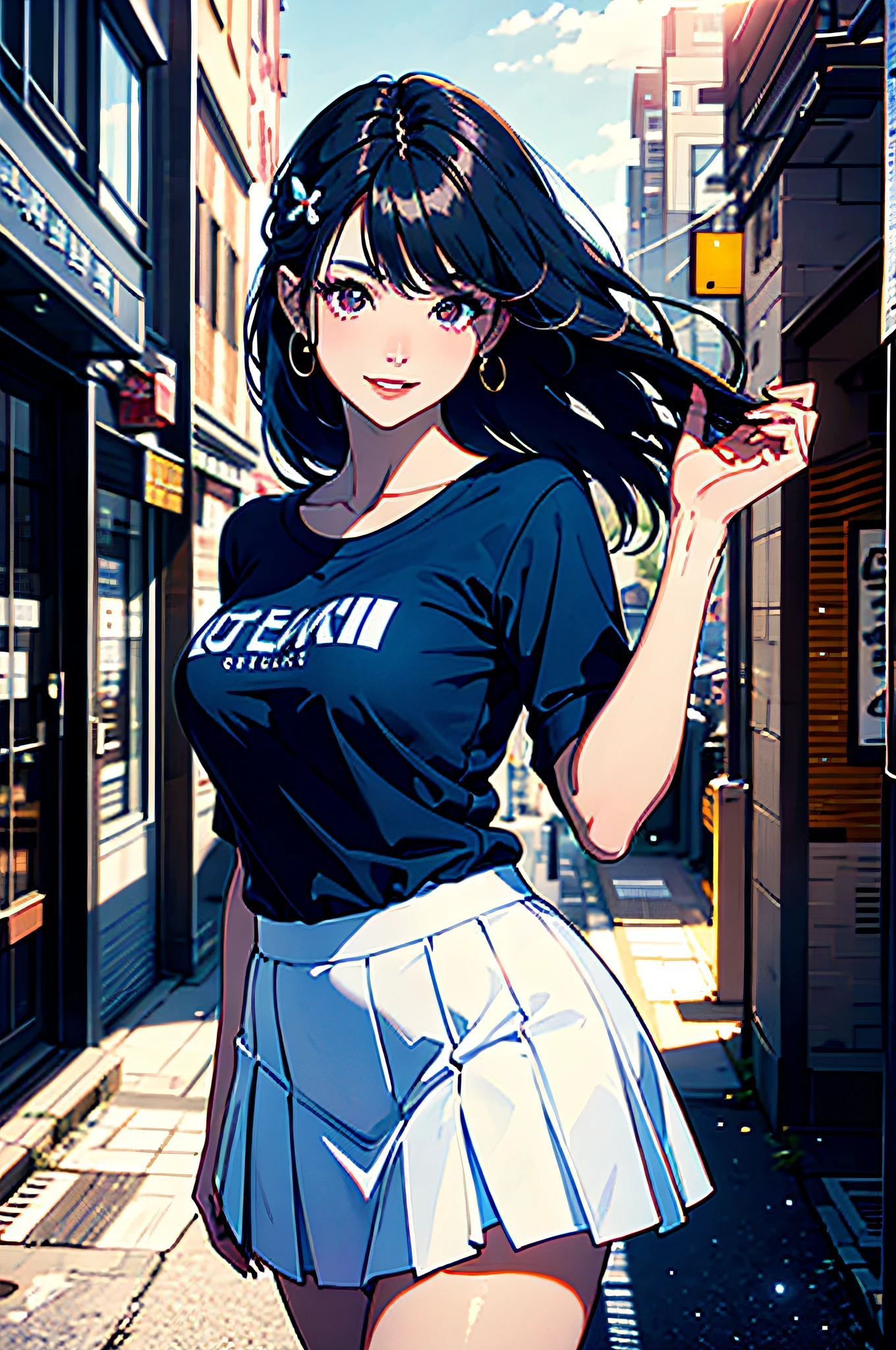 official art, masterpiece, sharp focus, (beautiful gorgeous cute Korean woman:1.3), (beautiful cute korean:1.3), korean beauty, Delicate and beautiful hair and eyes and face, realistic, ultra detailed, beautiful girl, blue sky, glow white particle, (sidelighting:1.2), sun light, white cloud, detailed clouds, slender, Lovely breasts and hips, smile with teeth, ((smile with eyes, open both eyes)), scenery, long straight hair, sexy facial expression, building, (cityscape:1.3), night, dynamic hair, long straight hair, detailed platinum black hair, glow red eyes, (blue shirts + white skirt + white long socks), pale skin, hair ornament, epic scenery,