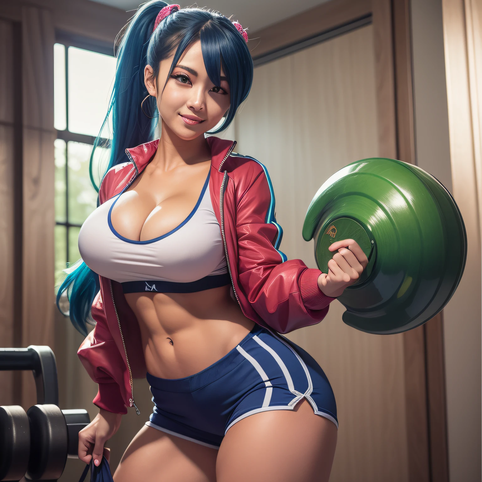 Y shirt、jaket、shortpants、Very big breasts、Cleavage breasts、One lady、Long legs、Fitness Model、musculature、abdominals、Powerful Pose、Emerald blue hair、Height 175cm、poneyTail、skin tanned、A smile、Glowing clothes、full-body view、publicity cosplay、full-cosplay、taken with canon 5d mk4、cosplay foto