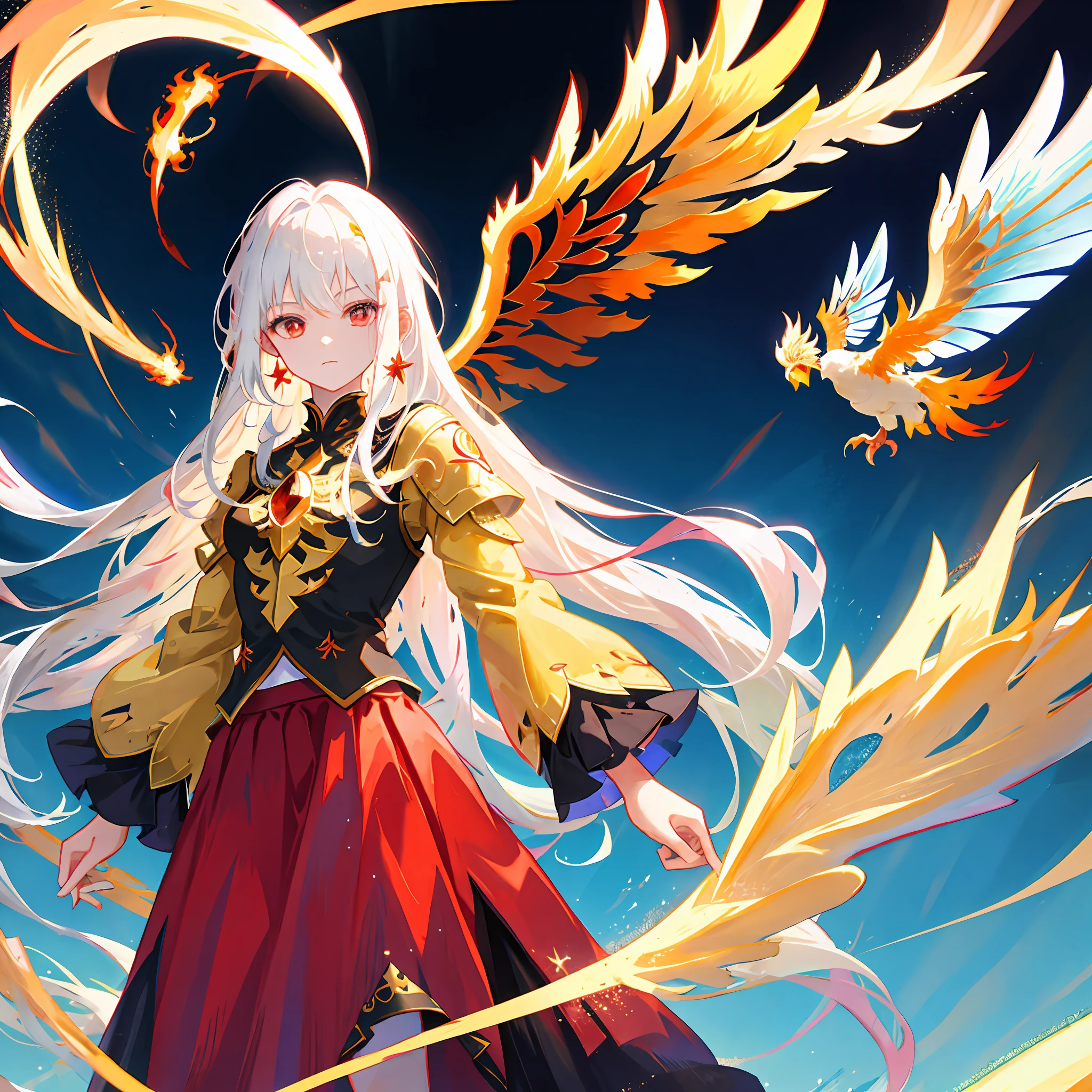 The white-haired and red-eyed royal sister is wearing a wide-sleeved flowing fairy skirt，There is a phoenix behind him