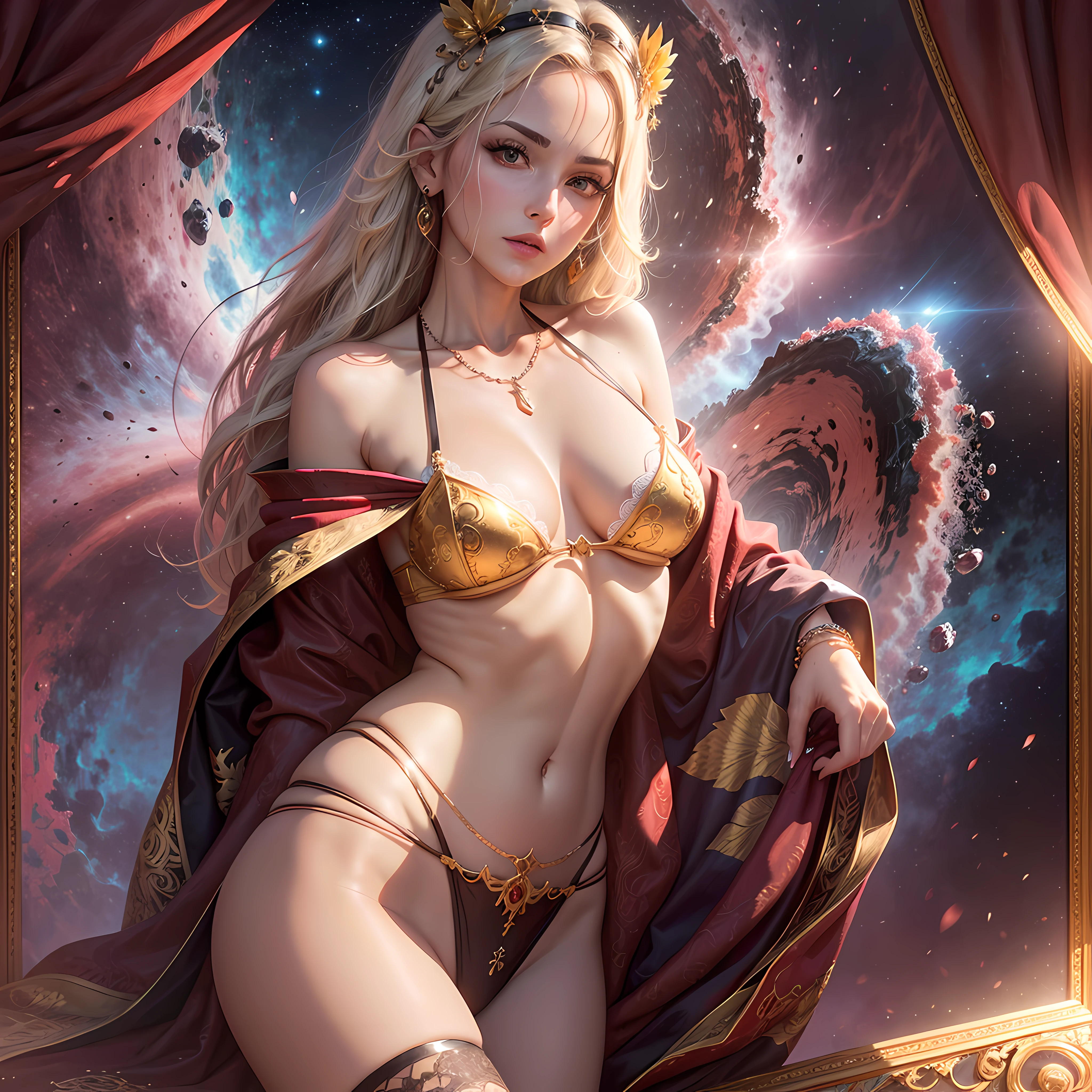 Quality - unparalleled masterpiece, ultra realistic 16k CG, Perfect artwork, (Detailed accessories),
Character - Fashion ultra beautiful Latin American girl, (perfect women figure), Mature female, Narrow waist, Clean, Changeable and beautiful face, Pure face, Pale skin, absurdly long golden hair, (F cup of large breasts, breasts in, puffynipple, small, middle areolae), Divine goddess, Shiny skin, dent in the skin, (Rich:1.2), Colorful eyes,
Background - (The sky is dreamy, Colorful cloudscape in the evening):1.5, The beauty landscape of the cosmic sea gradually entered our retinas, On the luxurious roof balcony of the ancient and complex summer Royal Palace,Lift a perfectly slender leg above your head in gorgeous baroque style, These beautiful maidens were surrounds behind,
Cloth - (Chinese embroidered hollow cloak, Translucent lace, Lace trim, lace-trimmed legwear, delicate patterned, intricate precision structure, prestige, Gorgeous, (Jewelry chain to rope by Japanese bondage with diamond pattern and bracelet necklace):1.5,
Emotions - sexy, Pout, Shy, Blush, Ear blush, Lick lip,
Light and shadow - adjust light and shadow according to the shape and position of character and objects, reflective light, Ray tracing, speed-line,
pose proportion - absolutely accurate human anatomy, best for human proportion and size,
viewport- looking at viewer, eyes reveal challenge and temptation,