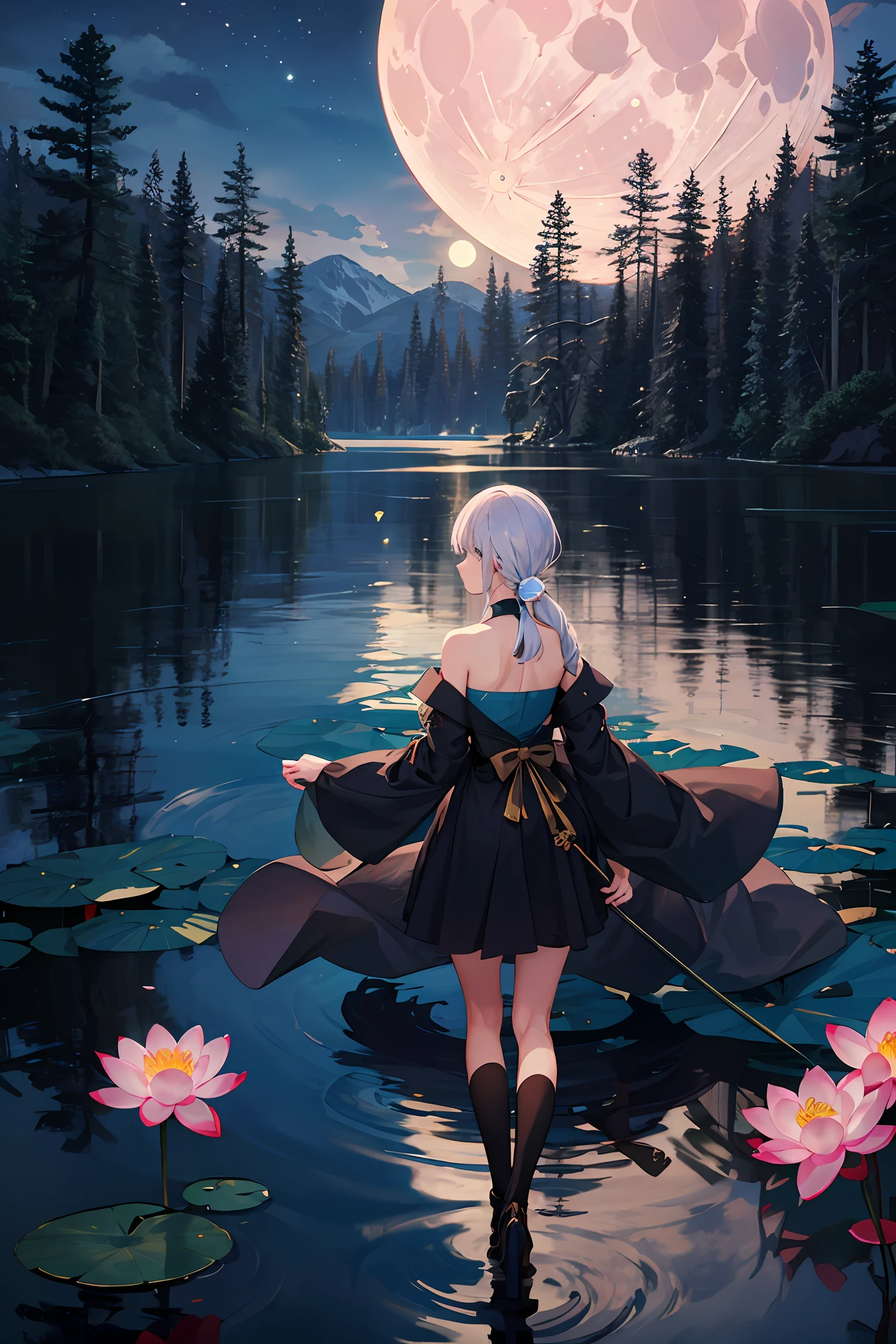 themoon,lake,Lotus leaf,the night