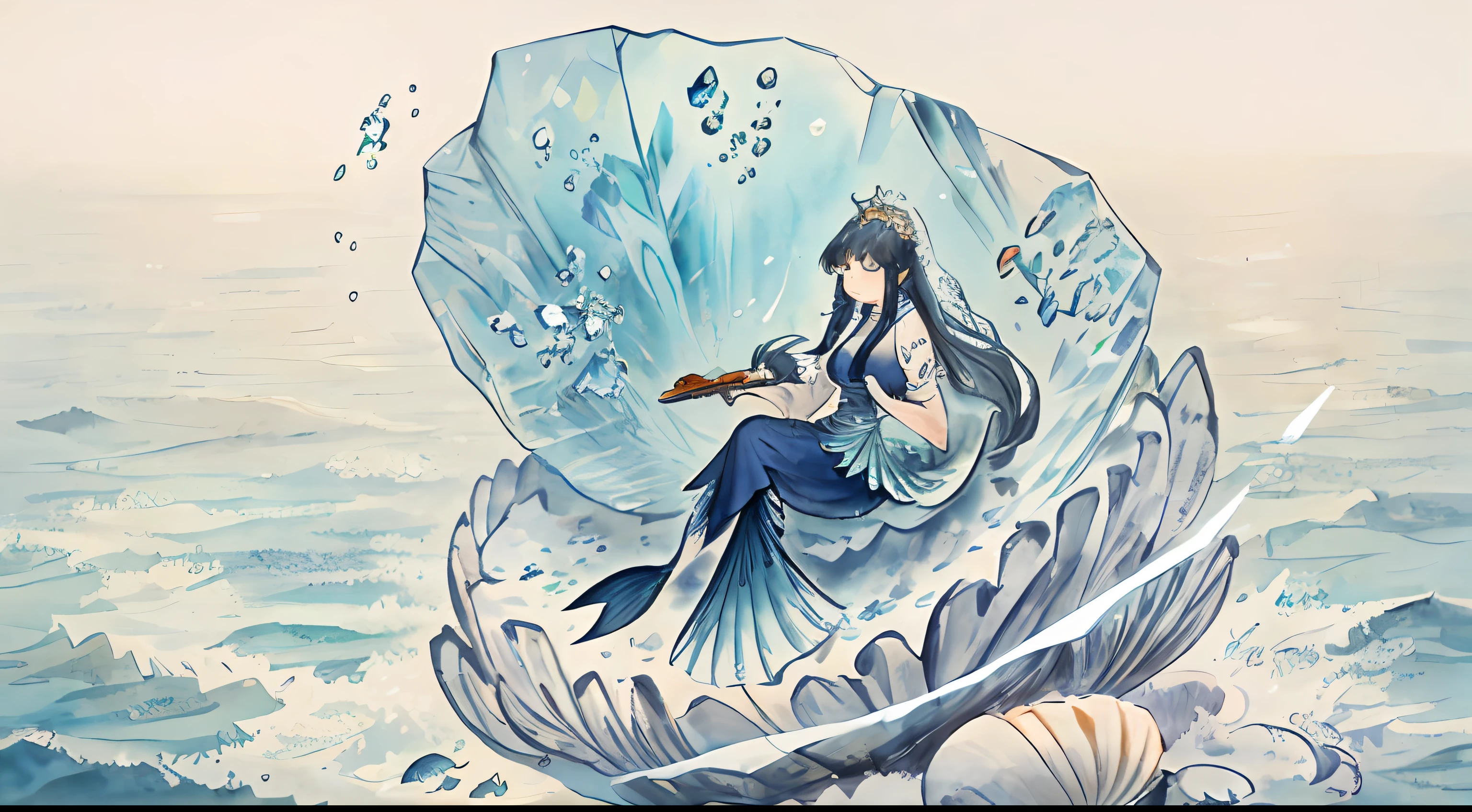 An endless ocean，Beautiful and noble mermaid princess，Sitting on a shell made of white crystal，Comb your hair with a blue crystal comb，The action of combing your hair，Pleasant and relaxed expression，Masterpiece，Lots of detail，wide wide shot，Full body photo