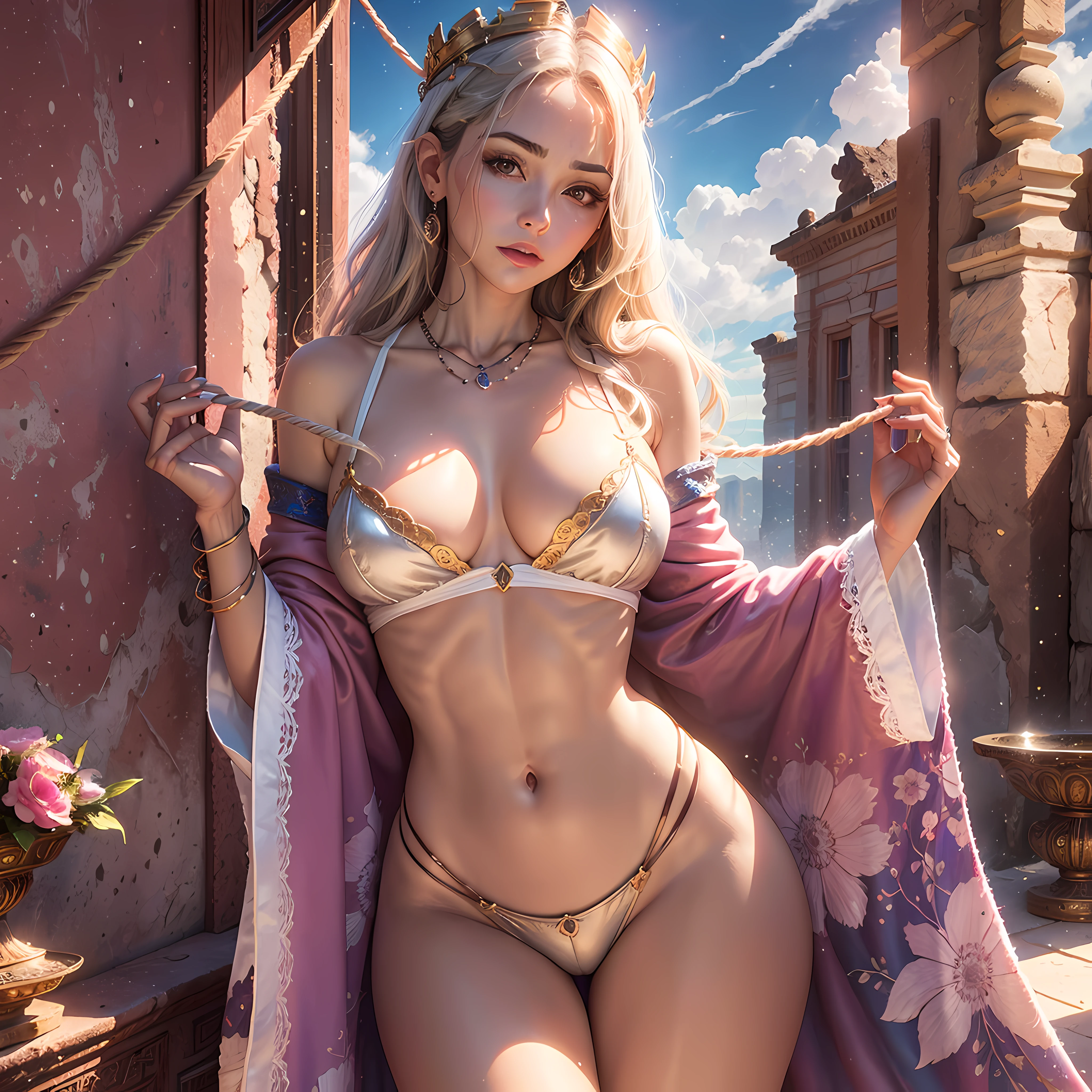 Quality - unparalleled masterpiece, ultra realistic 16k CG, Perfect artwork, (Detailed accessories),
Character - Fashion ultra beautiful Latin American girl, (perfect women figure), Mature female, Narrow waist, Clean, Changeable and beautiful face, Pure face, Pale skin, absurdly long golden hair, (F cup of large breasts, breasts in, puffynipple, small, middle areolae), Divine goddess, Shiny skin, dent in the skin, (Rich:1.2), Colorful eyes, 
Background - (The sky is dreamy, Colorful cloudscape in the evening):1.5, The beauty landscape of the cosmic sea gradually entered our retinas, On the luxurious roof balcony of the ancient and complex summer Royal Palace，Lift a perfectly slender leg above your head in gorgeous baroque style, These beautiful maidens were surrounds behind,
Cloth - (Chinese embroidered hollow cloak, Translucent lace, Lace trim, lace-trimmed legwear, delicate patterned, intricate precision structure, prestige, Gorgeous, (Jewelry chain to rope by Japanese bondage with diamond pattern and bracelet necklace):1.5,
Emotions - sexy, Pout, Shy, Blush, Ear blush, Lick lip,
Light and shadow - adjust light and shadow according to the shape and position of character and objects, reflective light, Ray tracing, speed-line,
pose proportion - absolutely accurate human anatomy, best for human proportion and size,
viewport- looking at viewer, eyes reveal challenge and temptation,