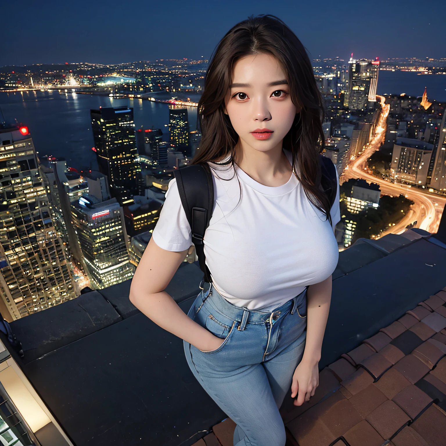 ((Midnight, Best quality, 8k, Masterpiece :1.3)), Whole body, Long legs, Sharp focus :1.2, A pretty woman with perfect figure :1.4, Slender abs :1.1, ((Dark brown hair, Big breasts :1.2)), (White tight tshirt, Jean bib, Standing:1.2), ((Night city view, Rooftop:1.3)), Highly detailed face and skin texture, Detailed eyes, Double eyelid --auto