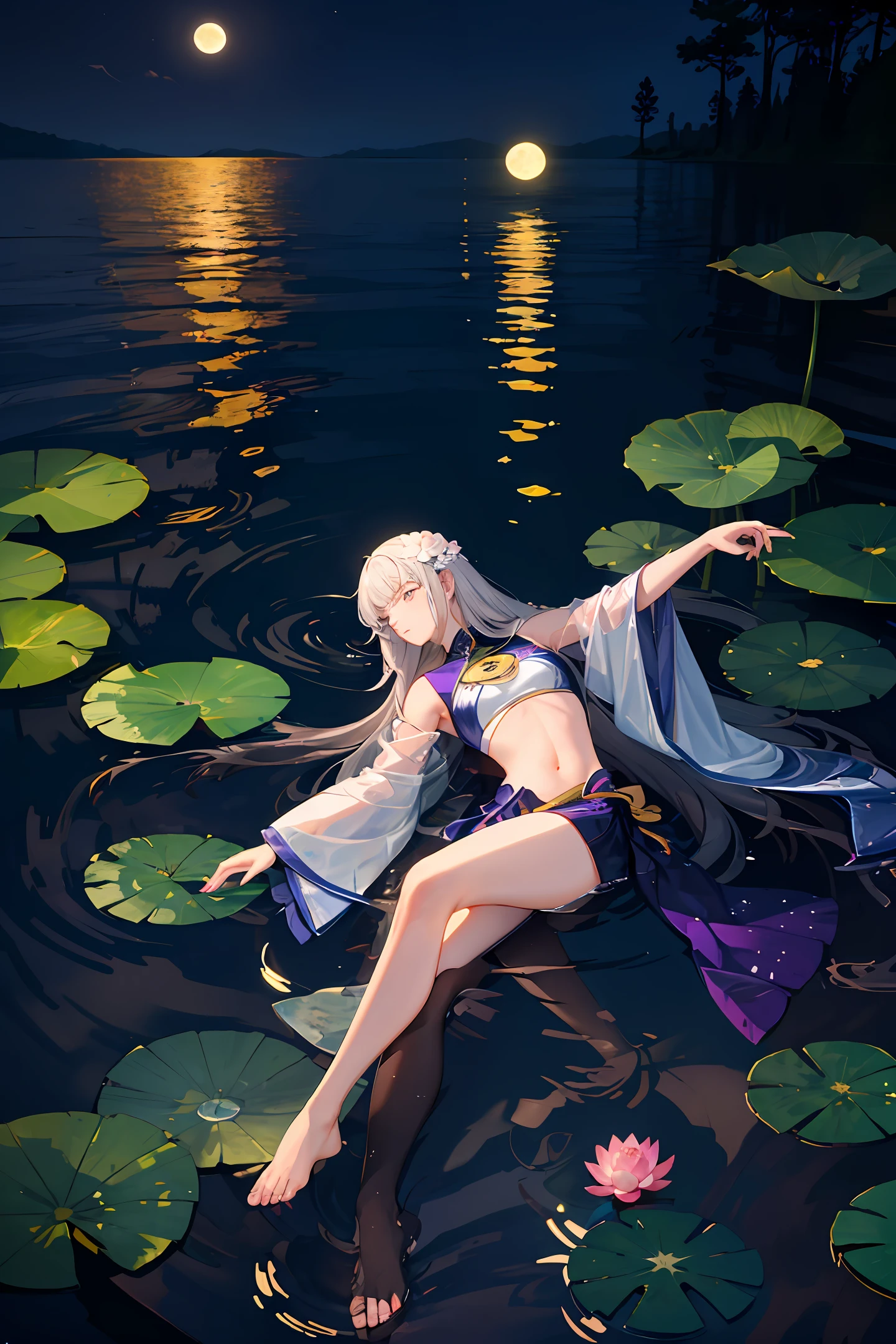 themoon，lake，Lotus leaf,the night