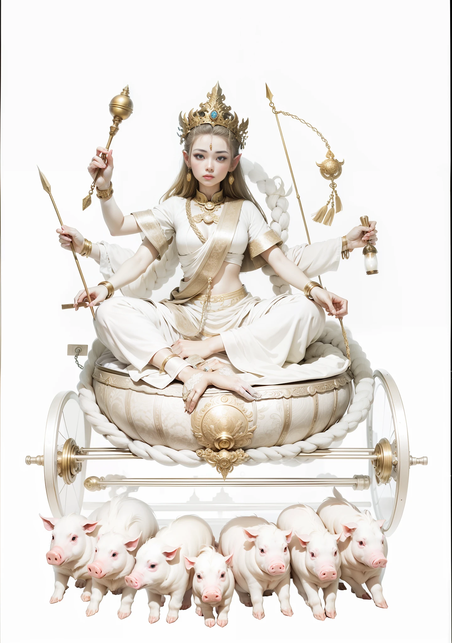 Three-headed, Six-armed female bodhisattva,Sit in a golden car,There are two wheels,A total of six hands hold various magic weapons,The ones on the right-hand side are;axe、arrow、stitches,The left hand holds the same;the bow、Cord、ligne,Bodhisattvas have fair skin,Wearing a golden crown,Bundle hair blonde,jewelry,Yingluo,Light blue dress,In front there are seven piglets pulling carts side by side with ropes,There is a round light behind the bodhisattva,The light shines,Blue sky in the background,Draw a white moon on the left,Draw a sun on the right,The characters come to life,true to life,The lighting is a front light,The light is uniform and bright,The characters are bright and natural,Photographic techniques,
