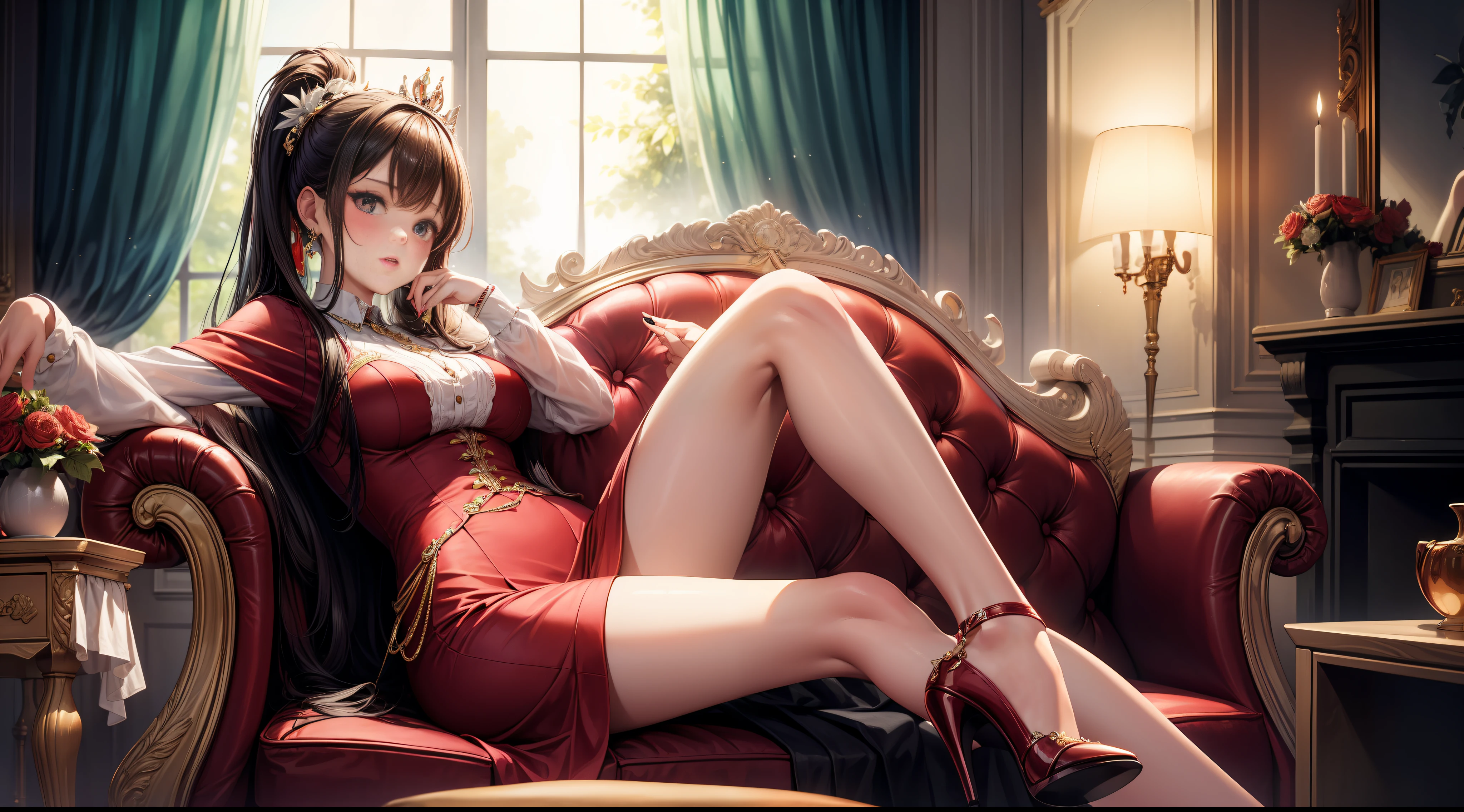 The pretty and charming queen sits on the sofa，Wearing red high heels，your legs，Look down at the screen，rising tall