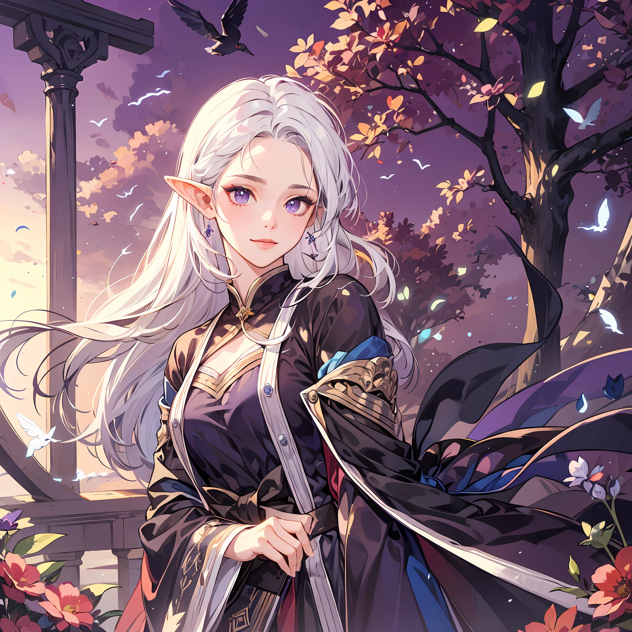 Purple eye。full bodyesbian。White rune robe。White color hair。Kizi。Castle background。tmasterpiece。Two-dimensional wind。best qualtiy。Detail 1.4。Sideslit。the elf。ssmile。Caress the flowers and plants。squatt。sideface。Flying birds。mistic。Comely。adolable。extreme hight detail。There are purple gemstones on the forehead。starrysky