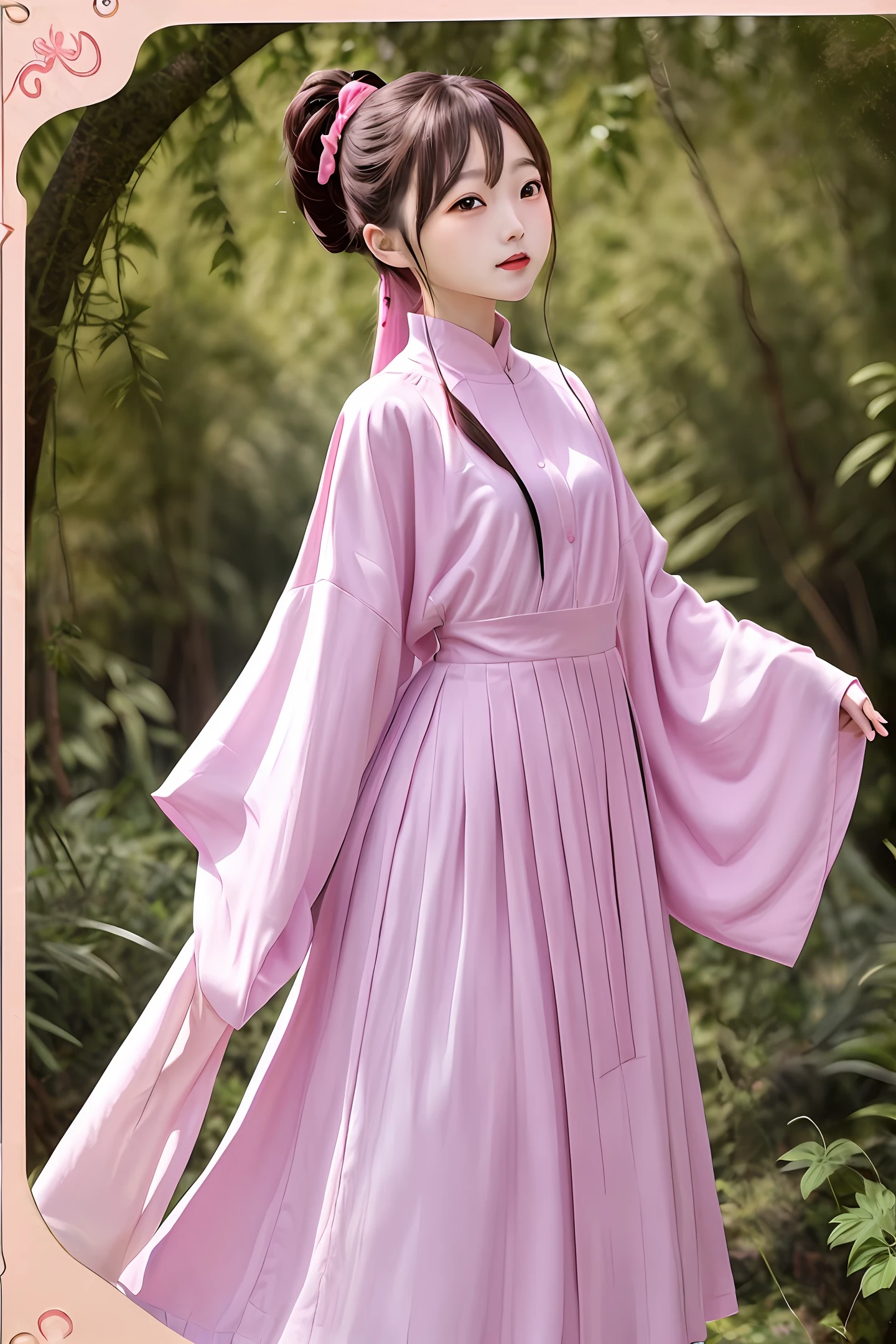 Upper body ponytail girl,Long-sleeved pink clothes,There is a card issued,Lower body spiders,The background is a forest with spider silk。