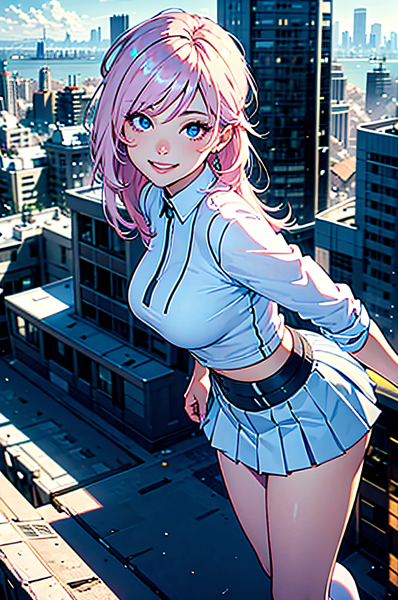 official art, masterpiece, sharp focus, (beautiful gorgeous cute Korean woman:1.3), (beautiful cute korean:1.3), korean beauty, Delicate and beautiful hair and eyes and face, realistic, ultra detailed, beautiful girl, blue sky, glow white particle, (sidelighting:1.2), sun light, white cloud, detailed clouds, slender, Lovely very large breasts and very large hips, smile with teeth, ((smile with eyes, open both eyes)), scenery, long straight hair, sexy facial expression, building, (cityscape:1.7), dynamic hair, long straight hair, detailed platinum pink hair, glow blue eyes, (blue pleated shirts + white skirt), white long socks, pale skin, hair ornament, epic scenery,