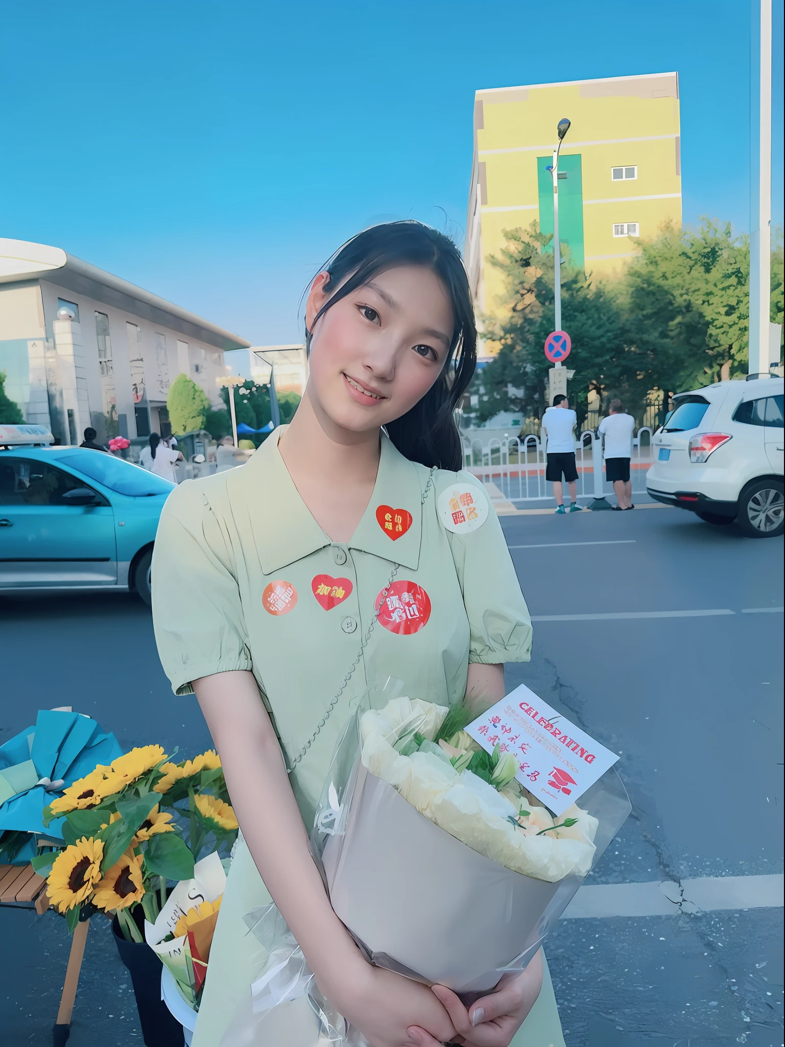 There was a woman holding a bouquet of flowers in the parking lot, xintong chen, very very low quality picture, wenfei ye, Chinese girl, 😭 🤮 💕 🎀, With flowers, 🤬 🤮 💕 🎀, Cai Xukun, ❤🔥🍄🌪, 🍁 Cute, inspired by Ma Yuanyu, xue han, 8K))