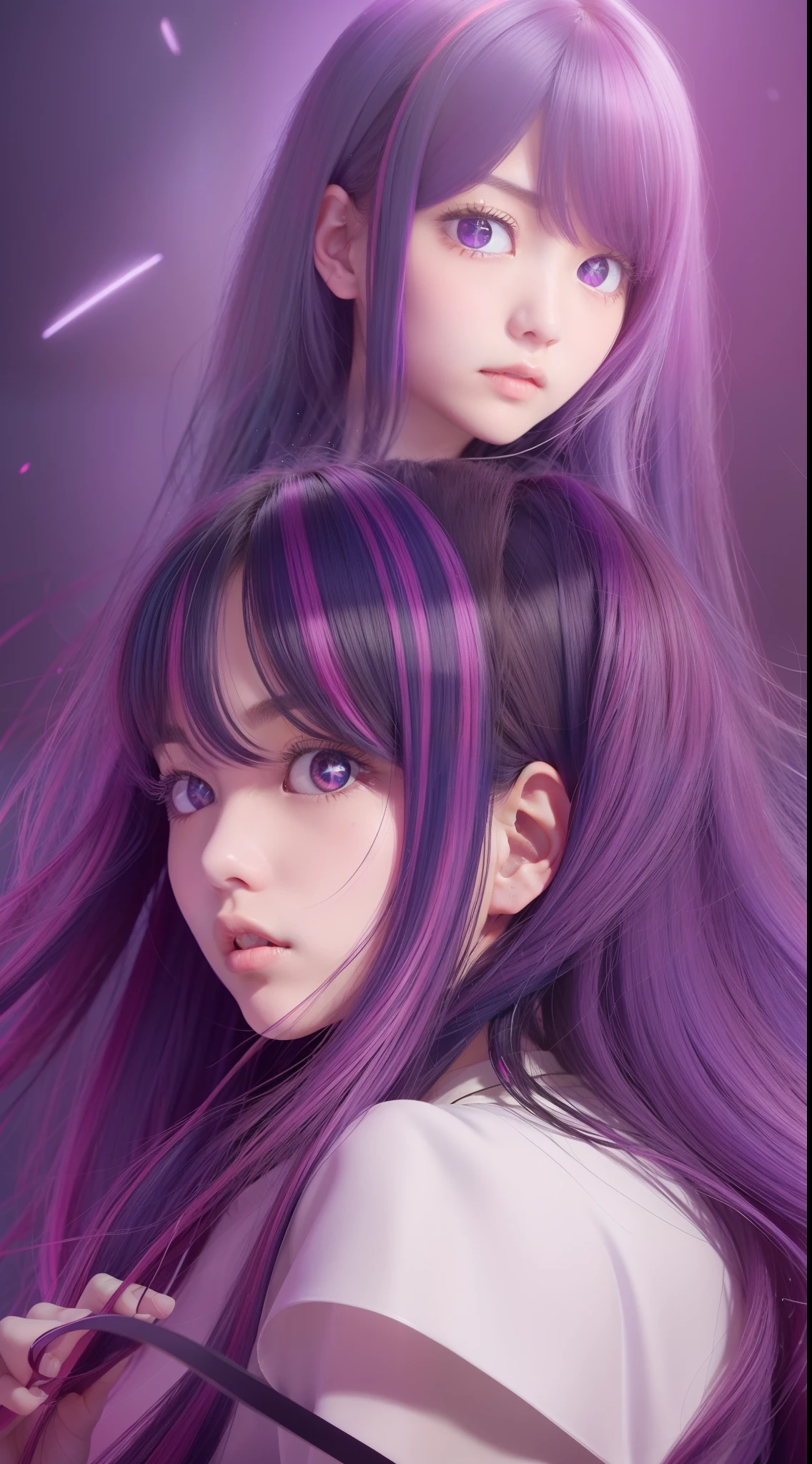 Ai Hoshino,long whitr hair,Purple colored hair,Striped hair,Purple eye,star-shaped bule pupils,hair adornments