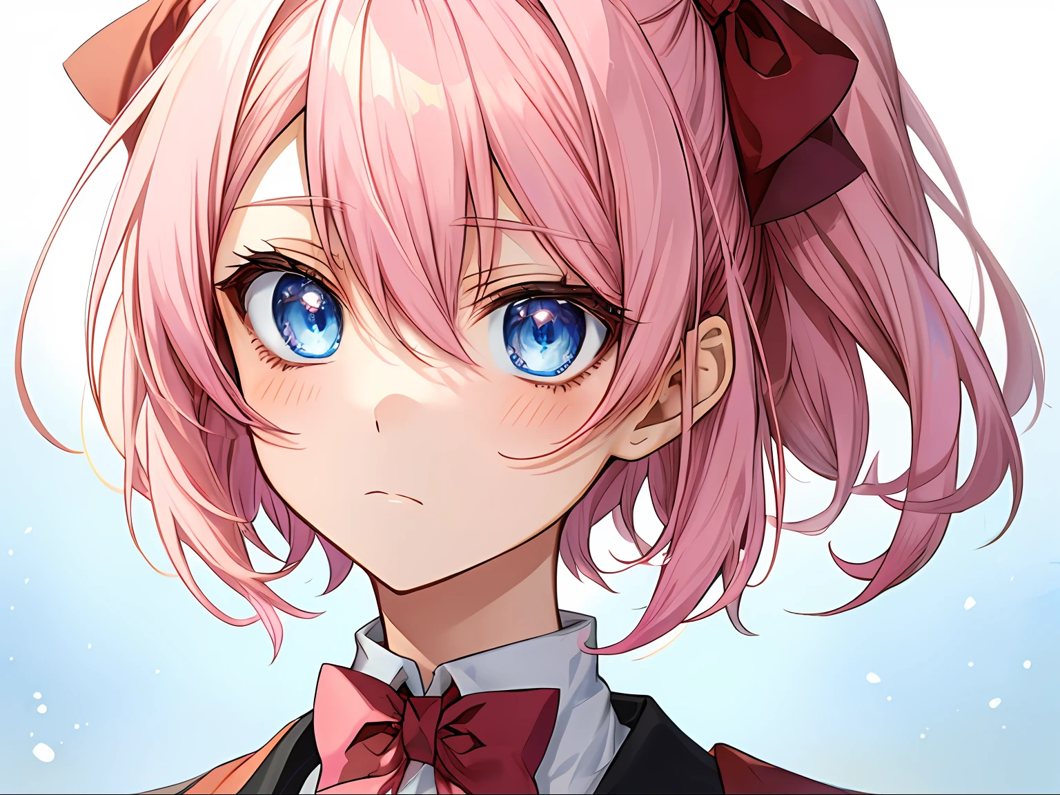 solo, anime girl with short light pink hair and blue eyes wearing a red bow tie, expressionless face, neutral expression, anime style portrait, high quality, extremely detailed, anime moe artstyle, cute anime face, anime portrait, ((pink))