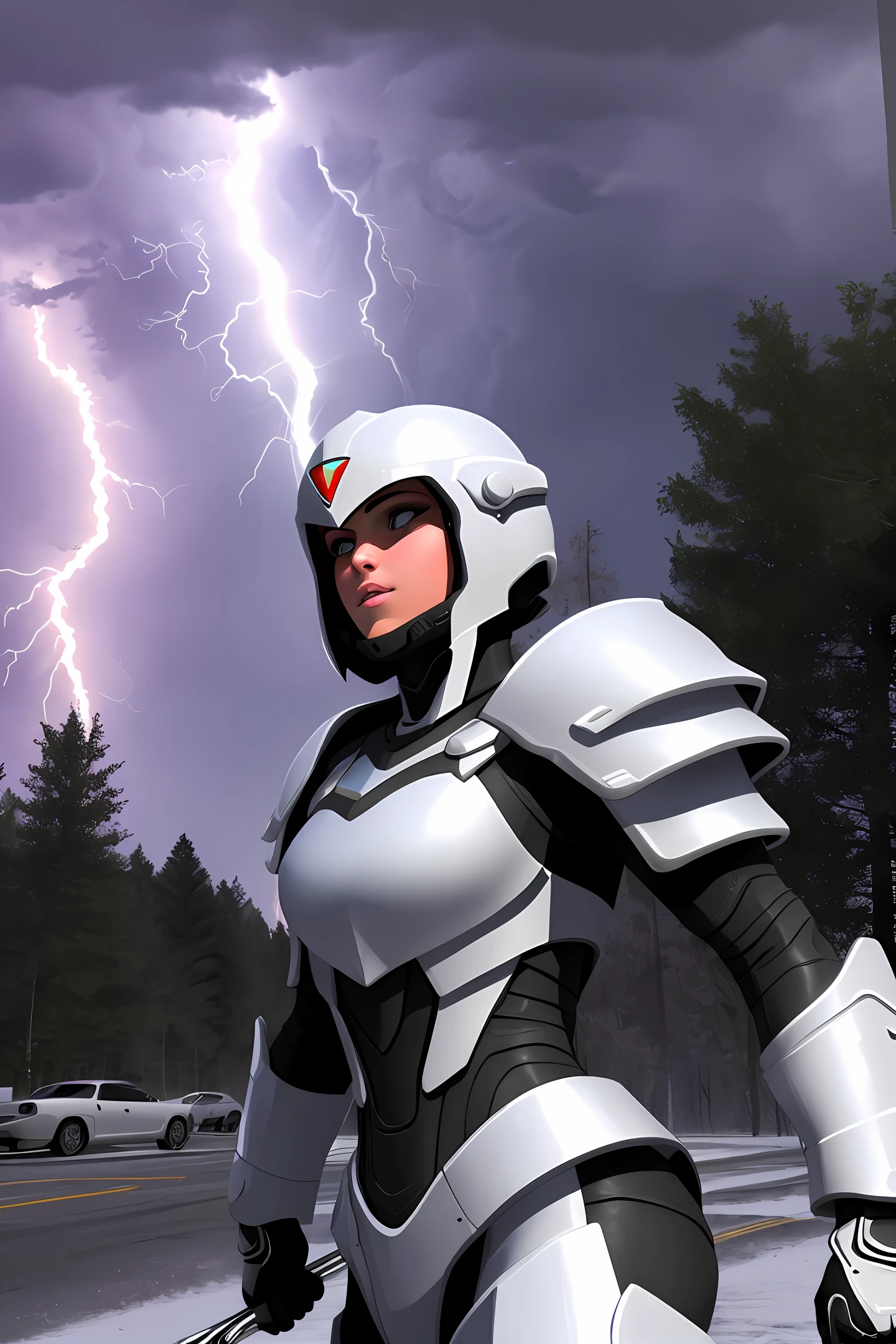 The girl was covered in lightning in white armor