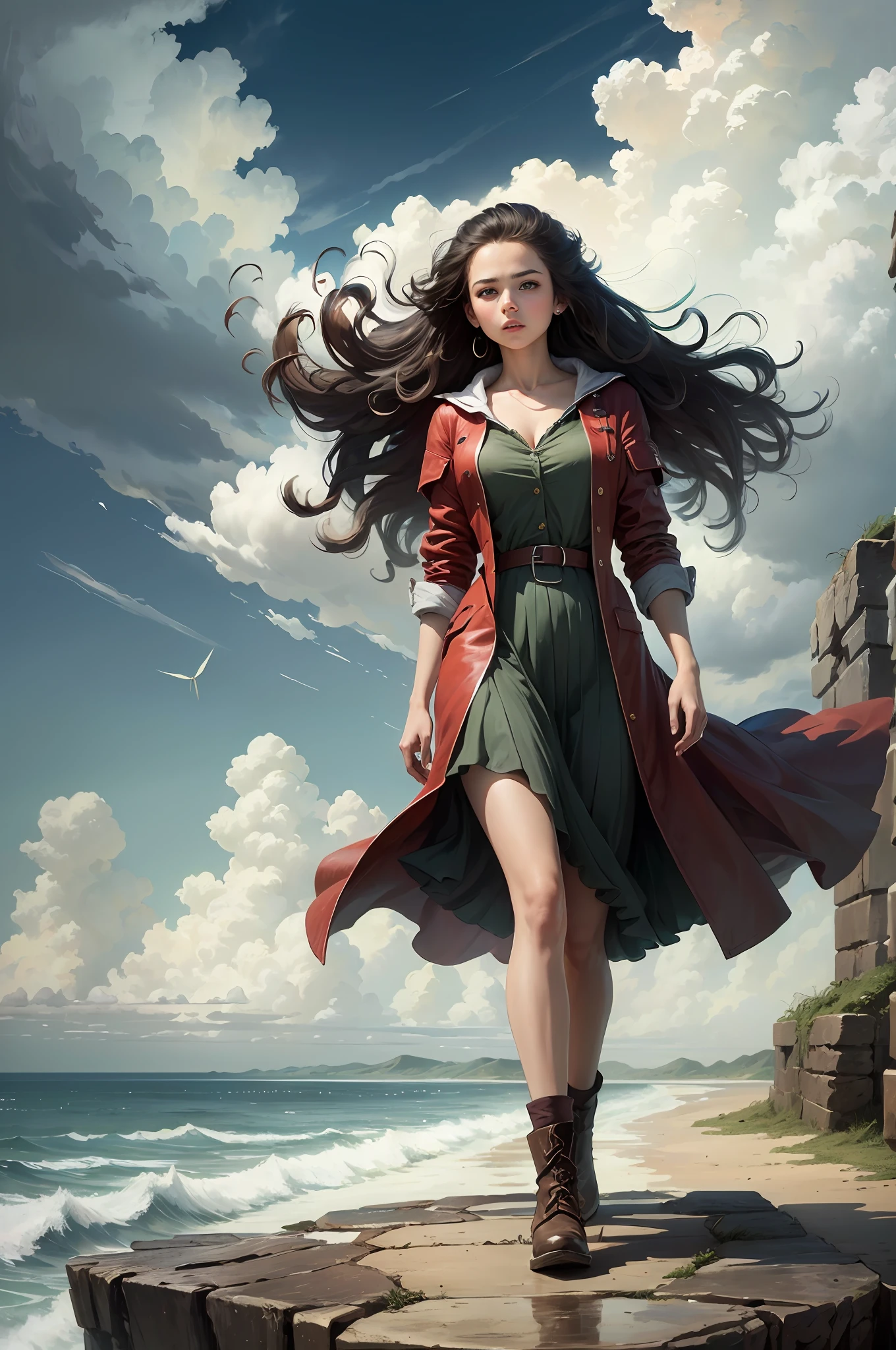 (masterpiece, best quality), 1girl, (flowing hair), long lime hair, standing on cliff, (wind:1.6), tornado, (hurricane:1.3), green eyes, magic colors, wizarding world