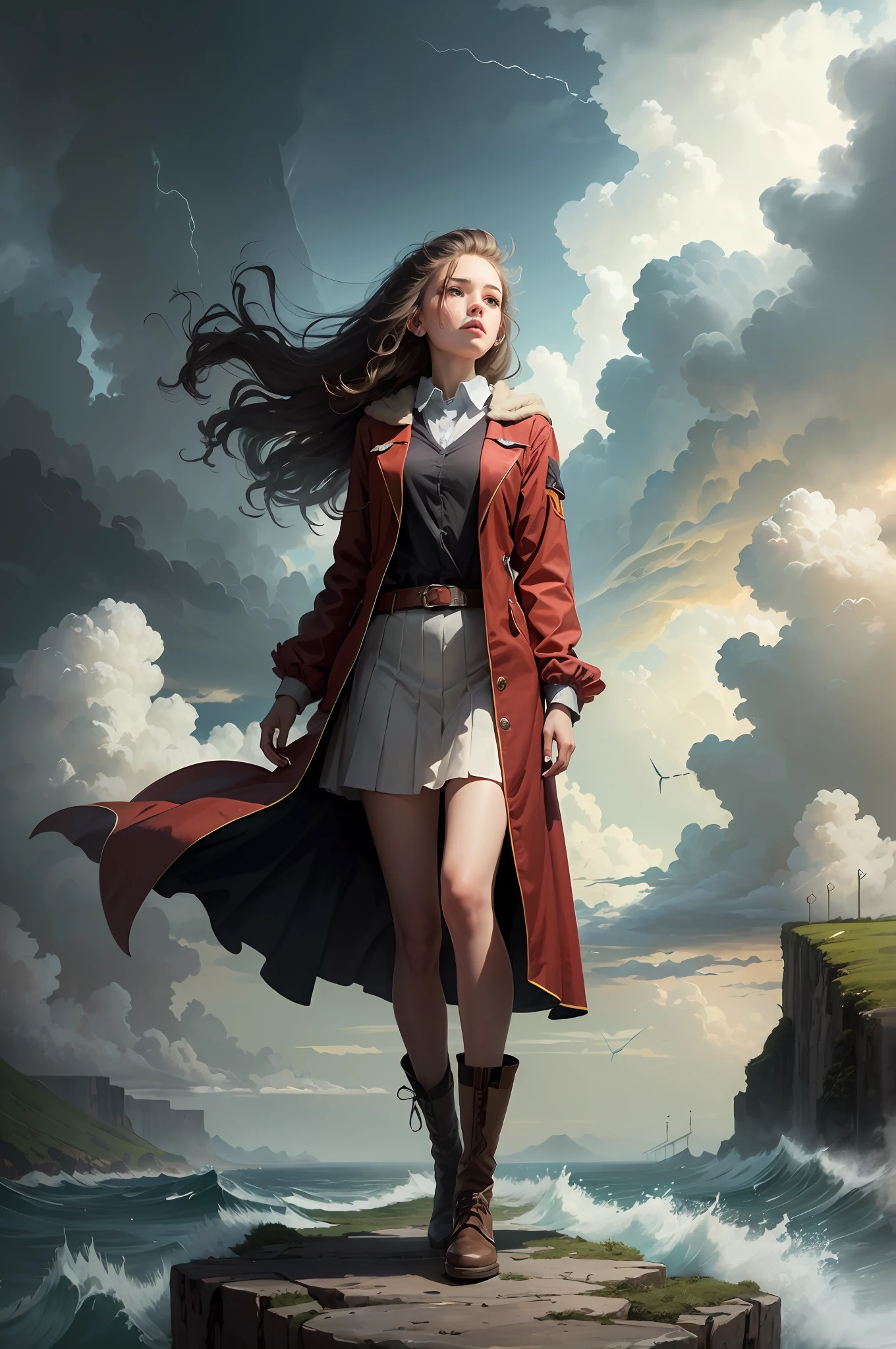 (masterpiece, best quality), 1girl, (flowing hair), long lime hair, standing on cliff, (wind:1.6), tornado, (hurricane:1.3), green eyes, magic colors, wizarding world