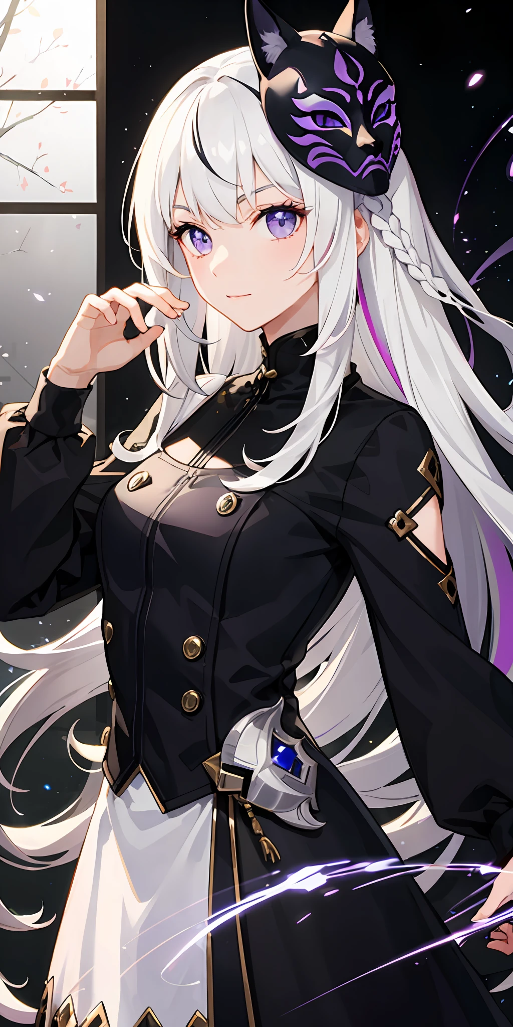 1girl, white hair, multicolored hair, purple eyes, mask on head, sidelighting, light particles, wallpaper,