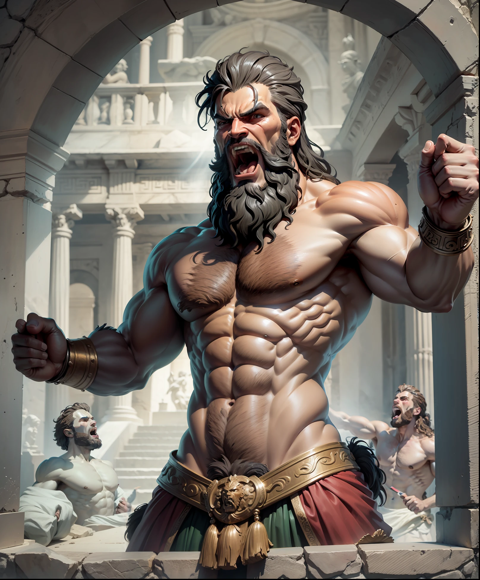 Greek sculpture of a muscle barbarian warrior, Hairy and bearded screaming and celebrating a victory