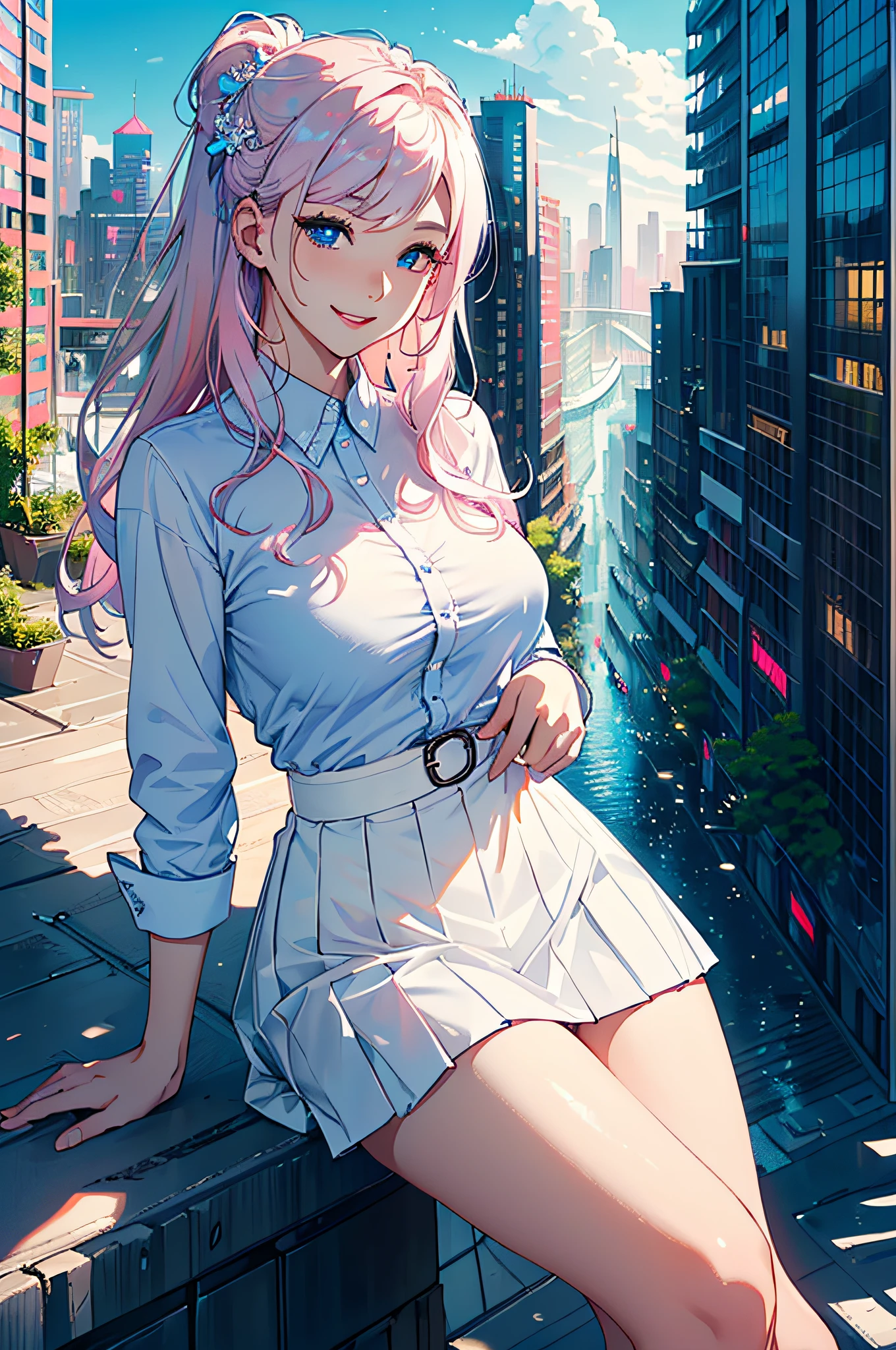 official art, masterpiece, sharp focus, (beautiful gorgeous cute Korean woman:1.3), (beautiful cute korean:1.3), korean beauty, Delicate and beautiful hair and eyes and face, realistic, ultra detailed, beautiful girl, blue sky, glow white particle, (sidelighting:1.2), sun light, white cloud, detailed clouds, slender, Lovely very large breasts and very large hips, smile with teeth, ((smile with eyes, open both eyes)), scenery, long straight hair, sexy facial expression, building, (cityscape:1.7), dynamic hair, long straight hair, detailed platinum pink hair, glow blue eyes, (blue pleated shirts + white skirt), white long socks, pale skin, hair ornament, epic scenery,