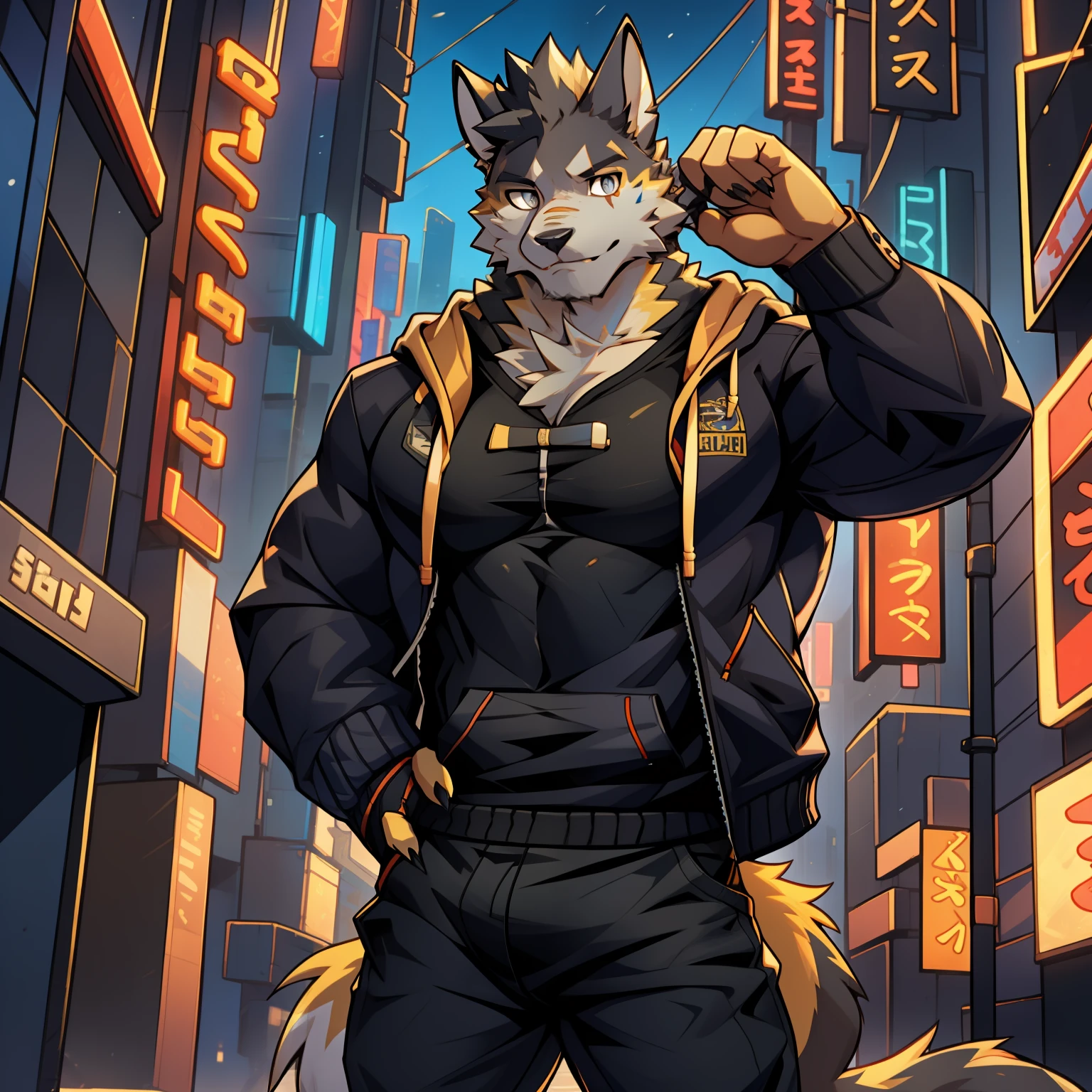 cooper krager， 独奏， looking at viewert， The shirt， 1boy， jaket， malefocus， opened clothes， hooding， black shirt， hoody， musculous， chest muscle， big muscular male， Bala， jaqueta com capuz， Sharp nails， nightcity， neonlight， hairy pubic， Yellow fur， Black colored eyes，full bodyesbian