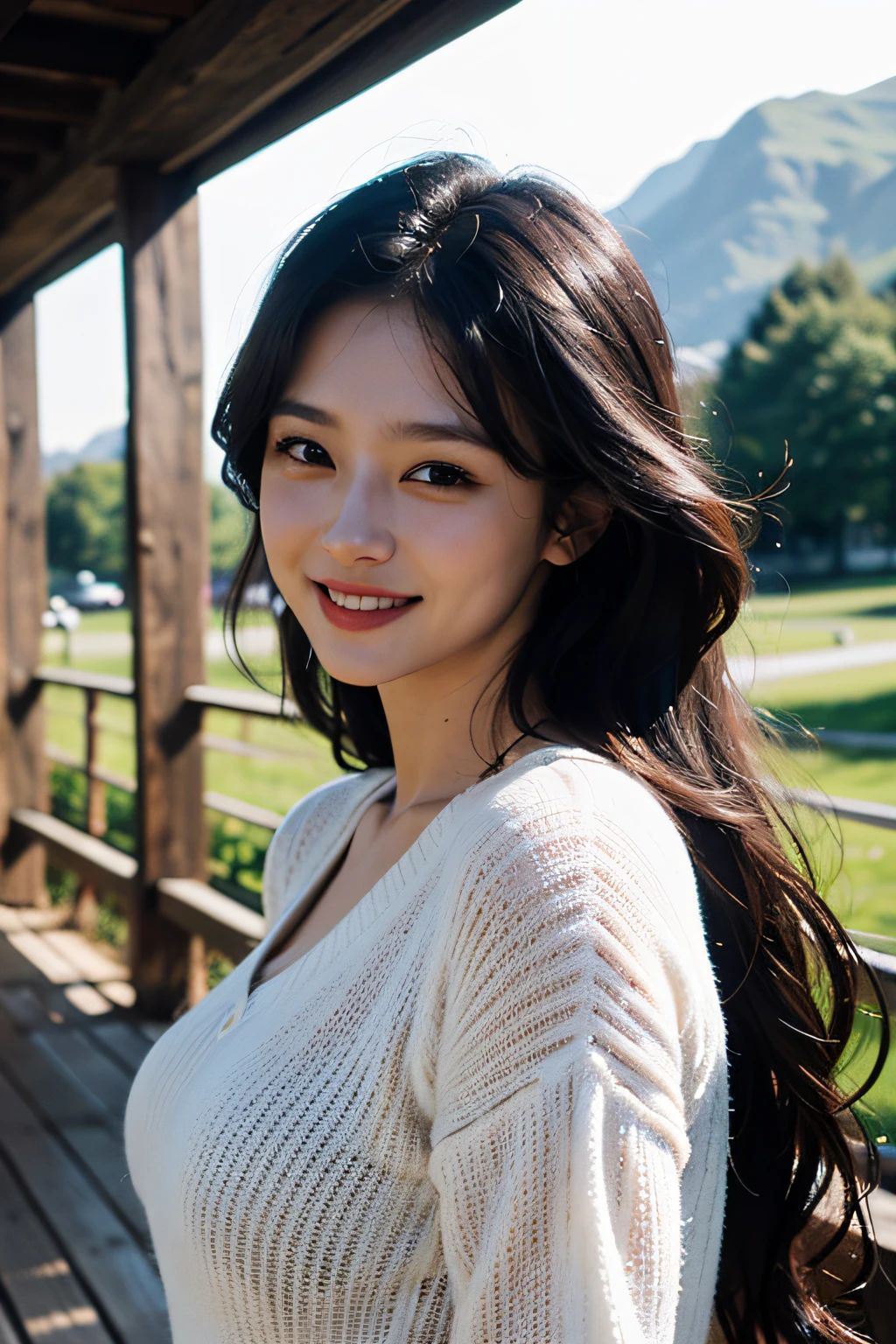 (in 8K、 Raw photography、top-quality,、hight resolution),、(hyper realisitic)、(realisitic),、Soft light、、girl with、Lifelike face、Realistic body、real looking skin、absurderes、masterpiece、Cuties、独奏、Innocent eyes、blusher、Cinema Lights、cherry colored lips、The hair 、a closeup、looking at viewert、 Open lips,、Upper teeth,、(Smiling eyes:0.6)、eyes focus、professionally lit、CG Social Trends、Plastic En、((Black Long Hair))、((Beautuful Women))、(A smile)、Fashionable、(A sexy)、Hair that flutters in the wind、((Flowing hair))、Happy -、fashion magazine、((lighting like a movie))、(the woods)、((mountain hut))、the morning sun、