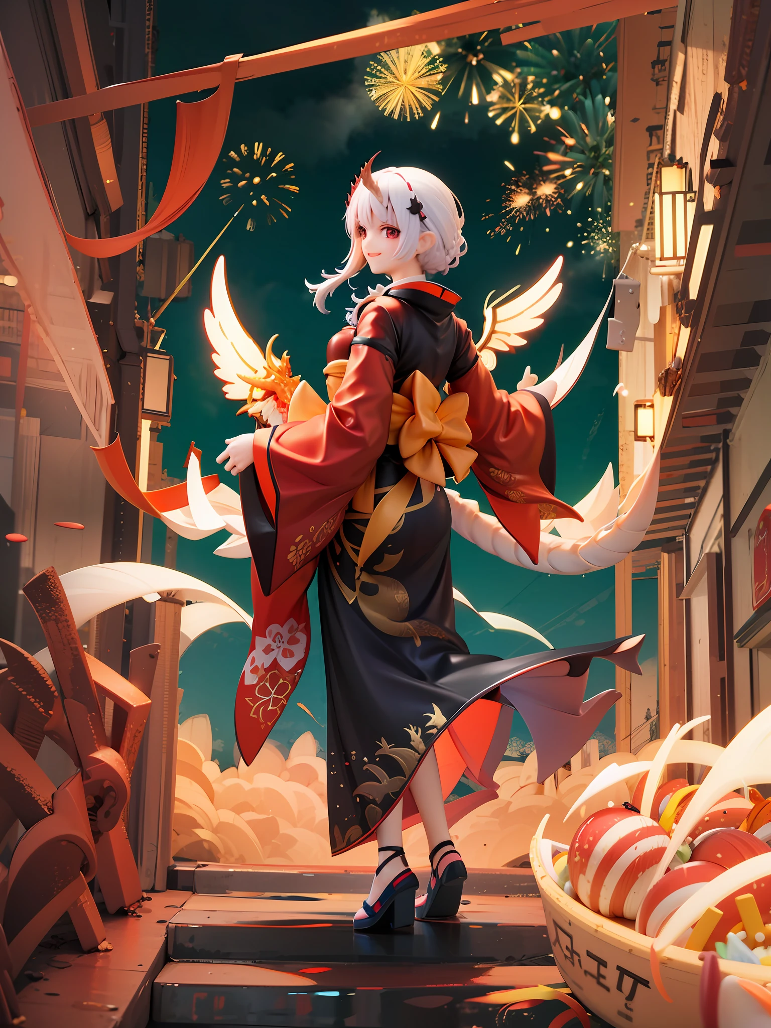 1girl, Festival Theme, Colorful, deep night colors, White-haired dragon girl character, Red Eyes, dragon horn, Wings, and tail, Smiling, Wearing a black kimono, Short braided haircuts, Red Eyes, Pose to enjoy the festival, Fireworks and festive scene background, angle from behind