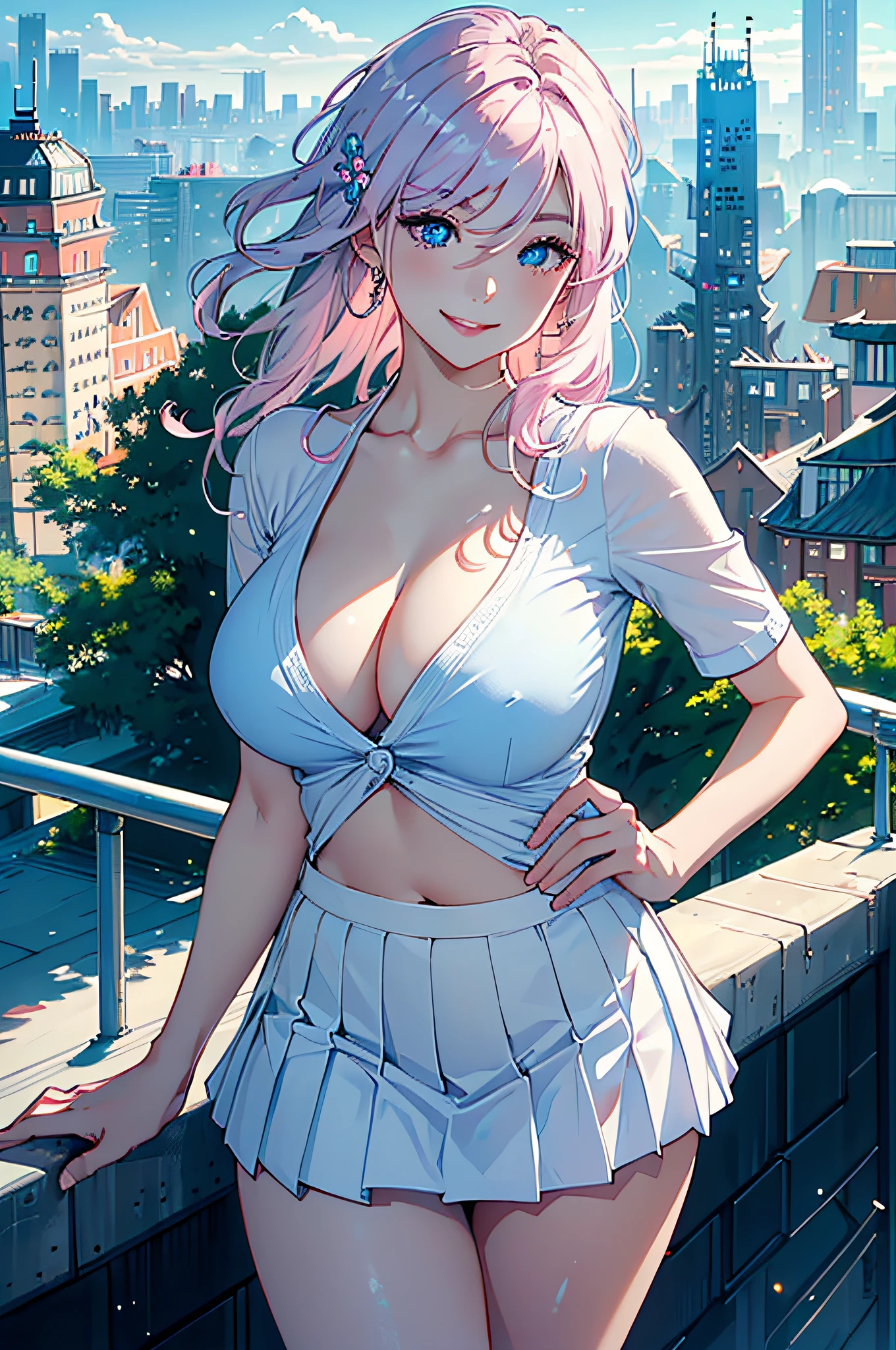 official art, masterpiece, sharp focus, (beautiful gorgeous cute Korean woman:1.3), (beautiful cute korean:1.3), korean beauty, Delicate and beautiful hair and eyes and face, realistic, ultra detailed, beautiful girl, blue sky, glow white particle, (sidelighting:1.2), sun light, white cloud, detailed clouds, slender, Lovely very large breasts and very large hips, smile with teeth, ((smile with eyes, open both eyes)), scenery, long straight hair, sexy facial expression, building, (cityscape:1.7), dynamic hair, long straight hair, detailed platinum pink hair, glow blue eyes, (blue pleated shirts + white skirt), white long socks, pale skin, hair ornament, epic scenery,