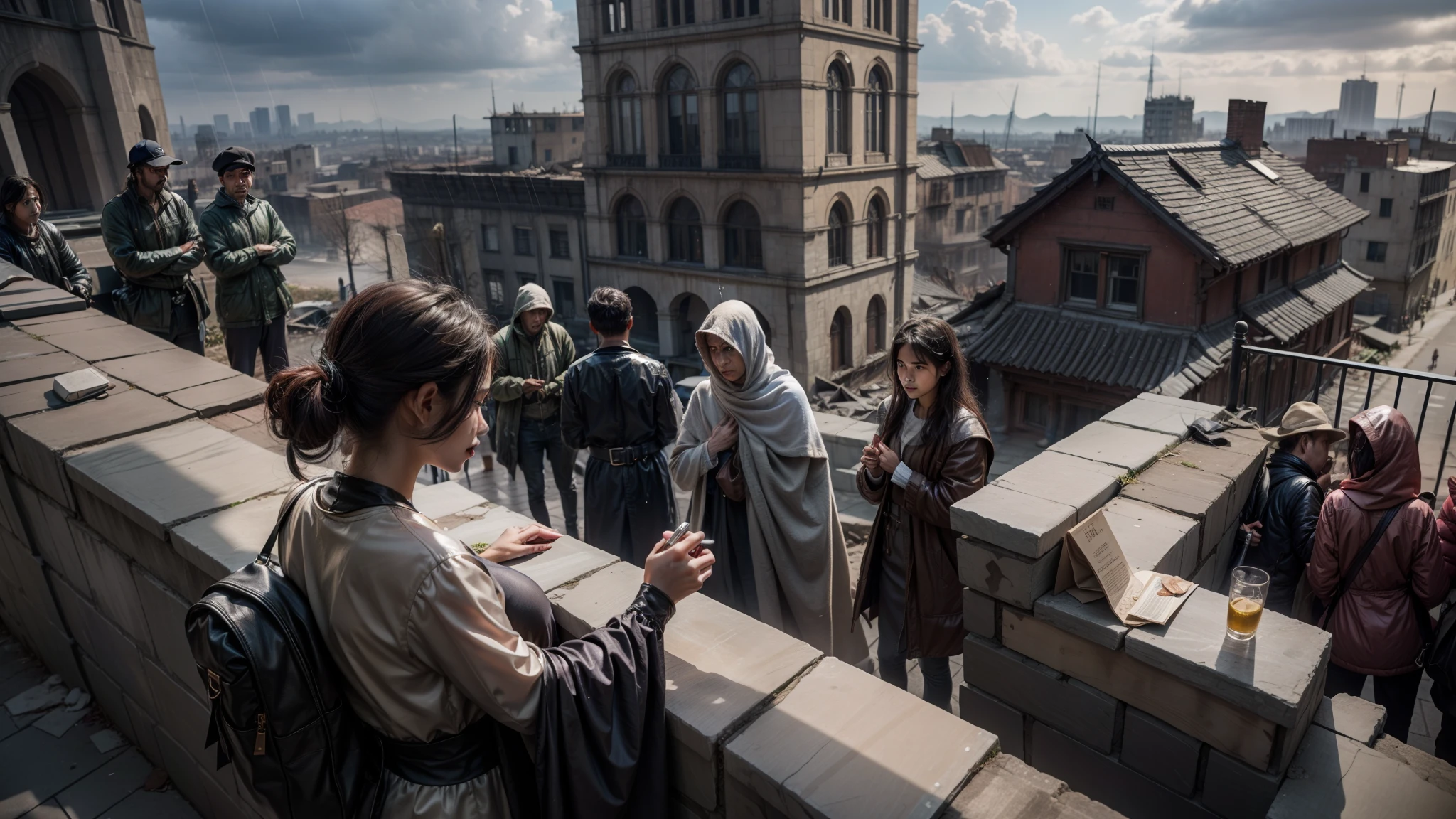 （Realistis：1.4），medieval times，8K，After the war，top down shot，wide wide shot，Close-up，high-angle，high-angle shot，Overhead angle，Close-up,Get close to the character，dramatic scene，A princess，The princess in gorgeous clothes stood on the devastated city wall，（Look at the beggars under the walls：1.4），The city is full of beggars，Full of ragged beggars，overcast day，Drizzle，A sense of contrast，and it is raining，Helpless beggars，A group of beggars looked at the princess，
