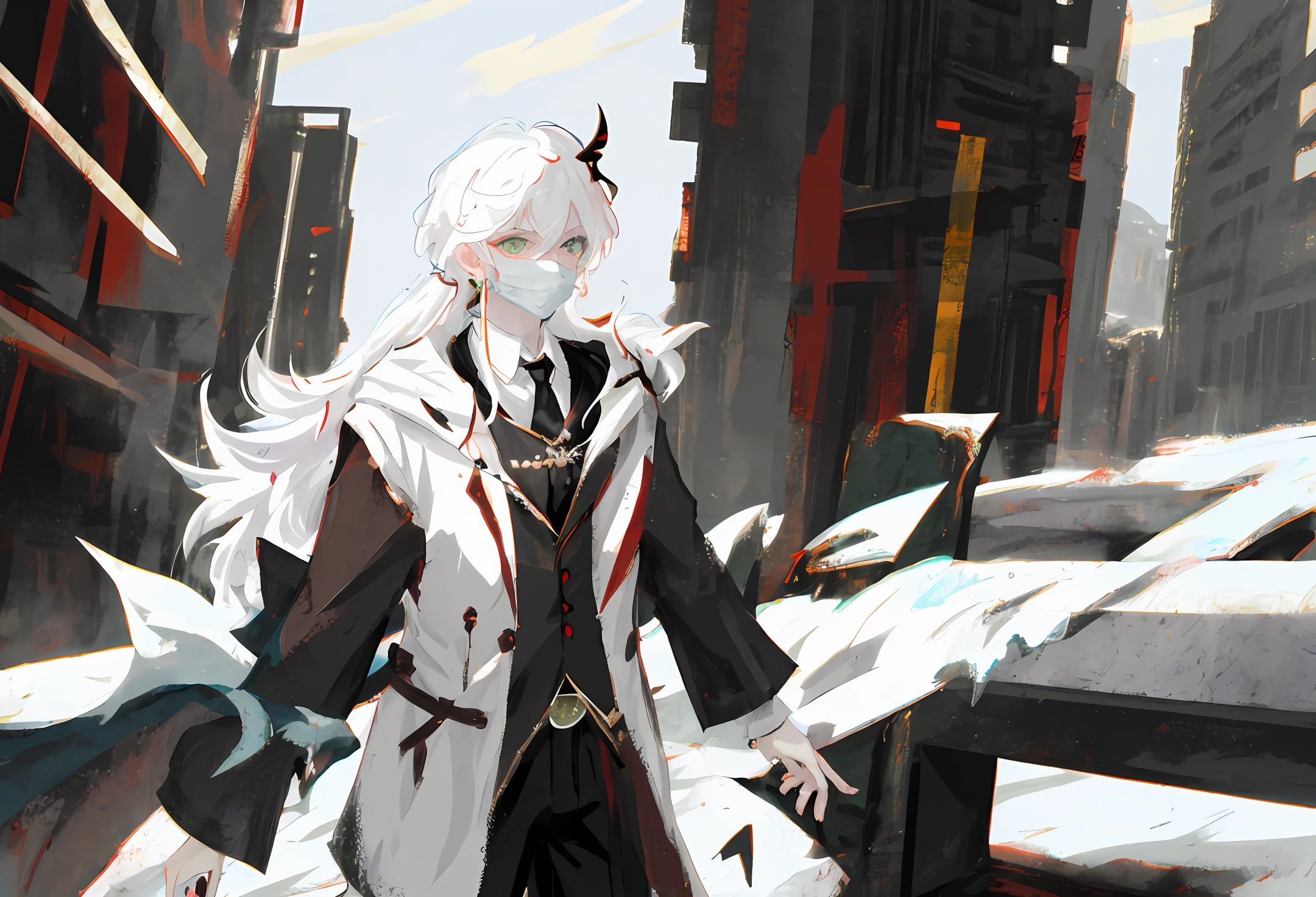 Green eyes, white hair, snake, black clothes, mask, coat, executive, Genshin