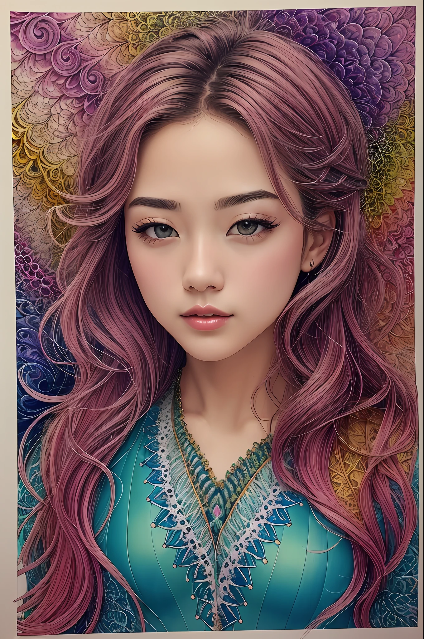 (masterpiece、top-quality、top-quality、Official art、Beautifully Aesthetic:1.2)、(1girl in:1.3)、ighly detailed、(Fractal Art:1.2)、colourfull、highestdetailed、(Zentangle:1.2)、(Dynamic Pause) 、(Abstract background:1.5)、(Traditional dress:1.2)、(shinny skin)、(Many colors:1.4)、full bodyesbian 、shorth hair