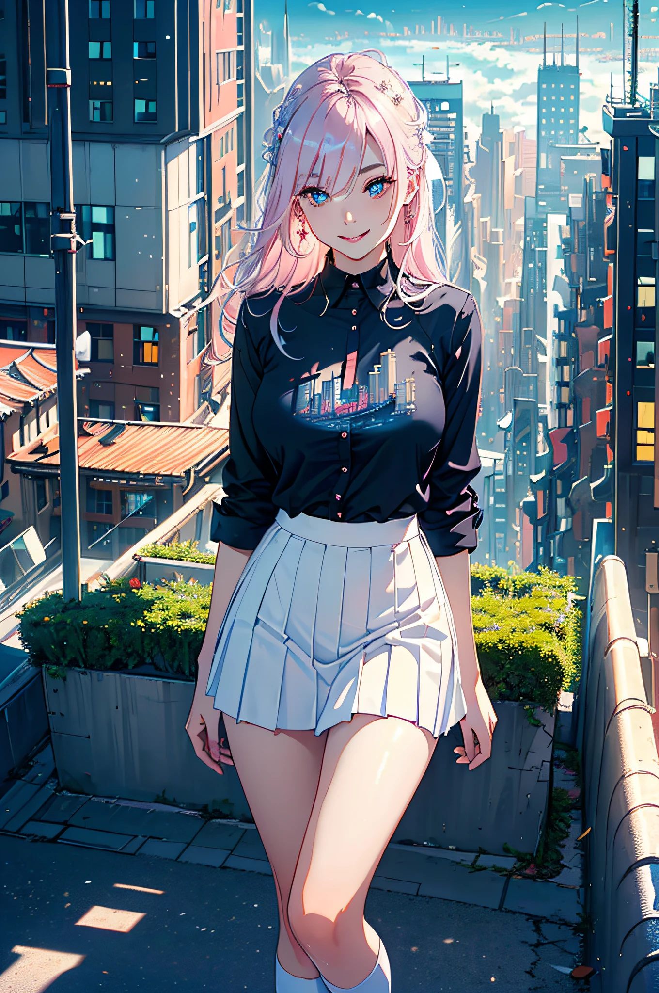 official art, masterpiece, sharp focus, (beautiful gorgeous cute Korean woman:1.3), (beautiful cute korean:1.3), korean beauty, Delicate and beautiful hair and eyes and face, realistic, ultra detailed, beautiful girl, blue sky, glow white particle, (sidelighting:1.2), sun light, white cloud, detailed clouds, slender, Lovely very large breasts and very large hips, smile with teeth, ((smile with eyes, open both eyes)), scenery, long straight hair, sexy facial expression, building, (cityscape:1.7), dynamic hair, long straight hair, detailed platinum pink hair, glow blue eyes, (blue pleated shirts + white skirt), white long socks, pale skin, hair ornament, epic scenery,