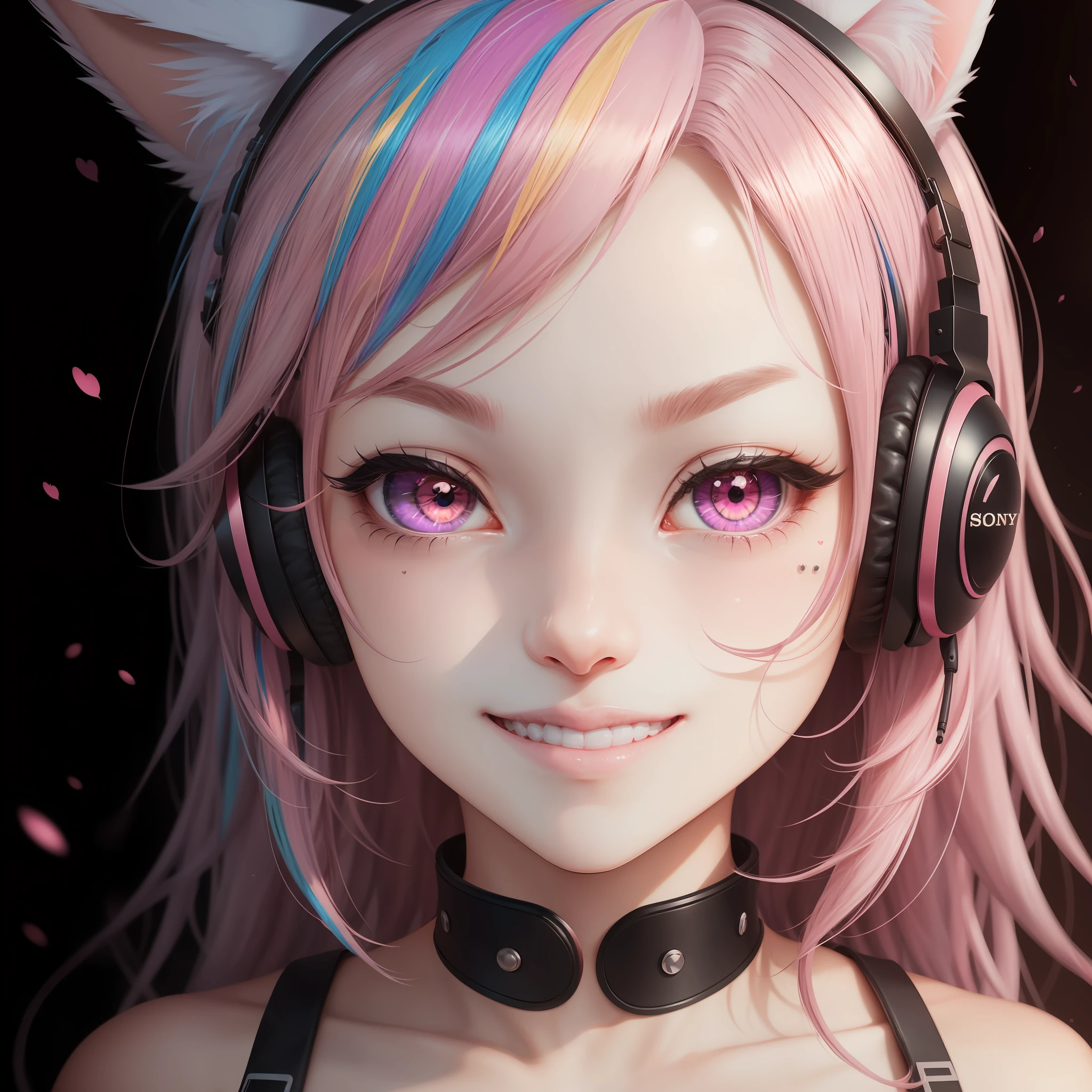black hair, multicolored hair, pink hair, colored inner hair, curtained hair, big hair, expressive hair, hair over eyes, hair strand, hairband, hair ribbon, hair bobbles, lolita hairband, mole under eye, eye reflection, color contact lenses, cat ears, cat ear headphones, kemonomimi mode, smile, light smile, evil smile, shy, shy, puckered lips, seductive smile, full blush, heavy breathing, heart in eye, torogao, naughty face, naughty, Surrealism, Surrealism, high detail, Futurism, Realism, depth of field, motion blur, god rays, optical illusion, stereogram, anaglyph, close-up, pov, Sony FE GM, 8k, super detail, UHD, masterpiece, retina, ccurate, anatomically correct, textured skin, textured skin, award winning, highres, best quality, high quality, super detail, anatomically correct, 8k, 8k, 4K --auto