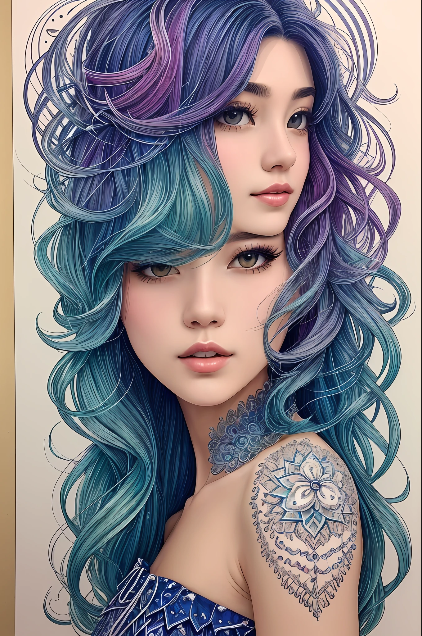 (masterpiece、top-quality、top-quality、Official art、Beautifully Aesthetic:1.2)、(1girl in:1.3)、ighly detailed、(Fractal Art:1.2)、colourfull、highestdetailed、(Zentangle:1.2)、(Dynamic Pause) 、(Abstract background:1.5)、(Traditional dress:1.2)、(shinny skin)、(Many colors:1.4)、full bodyesbian 、shorth hair