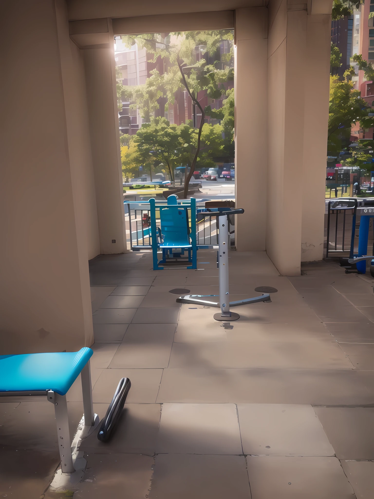 There are two blue benches and a blue table on the sidewalk, with a park in the back ground, with a park in the background, local gym, gym background, in  the gym, children playground, dingy gym, captured with sony a3 camera, taken with a Sony A7R camera, very high angle view, dim dingy gym