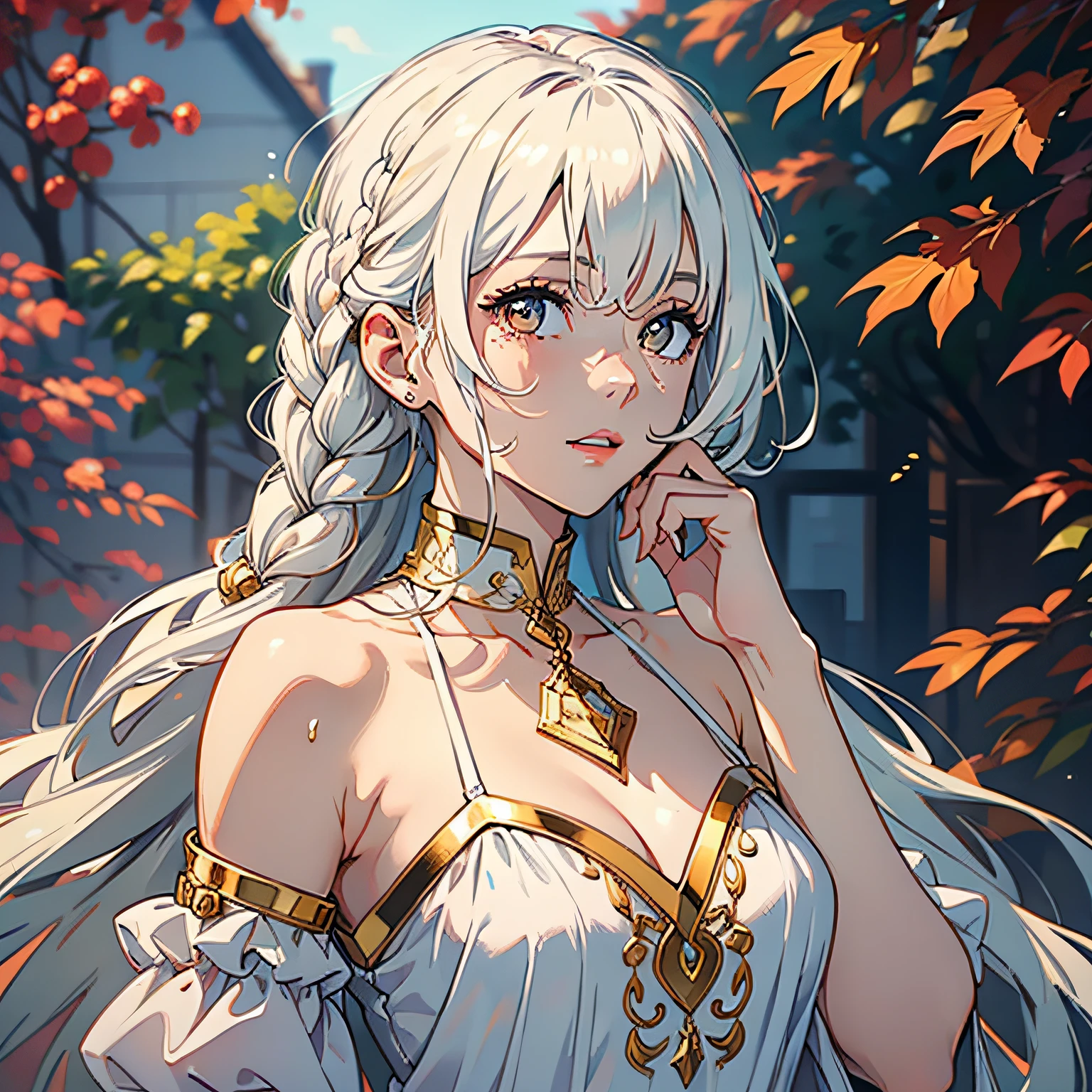 best quality, masterpiece,white hair, gold eyes,white clothes, looking up, upper body,hair strand,Fair skin,side braids