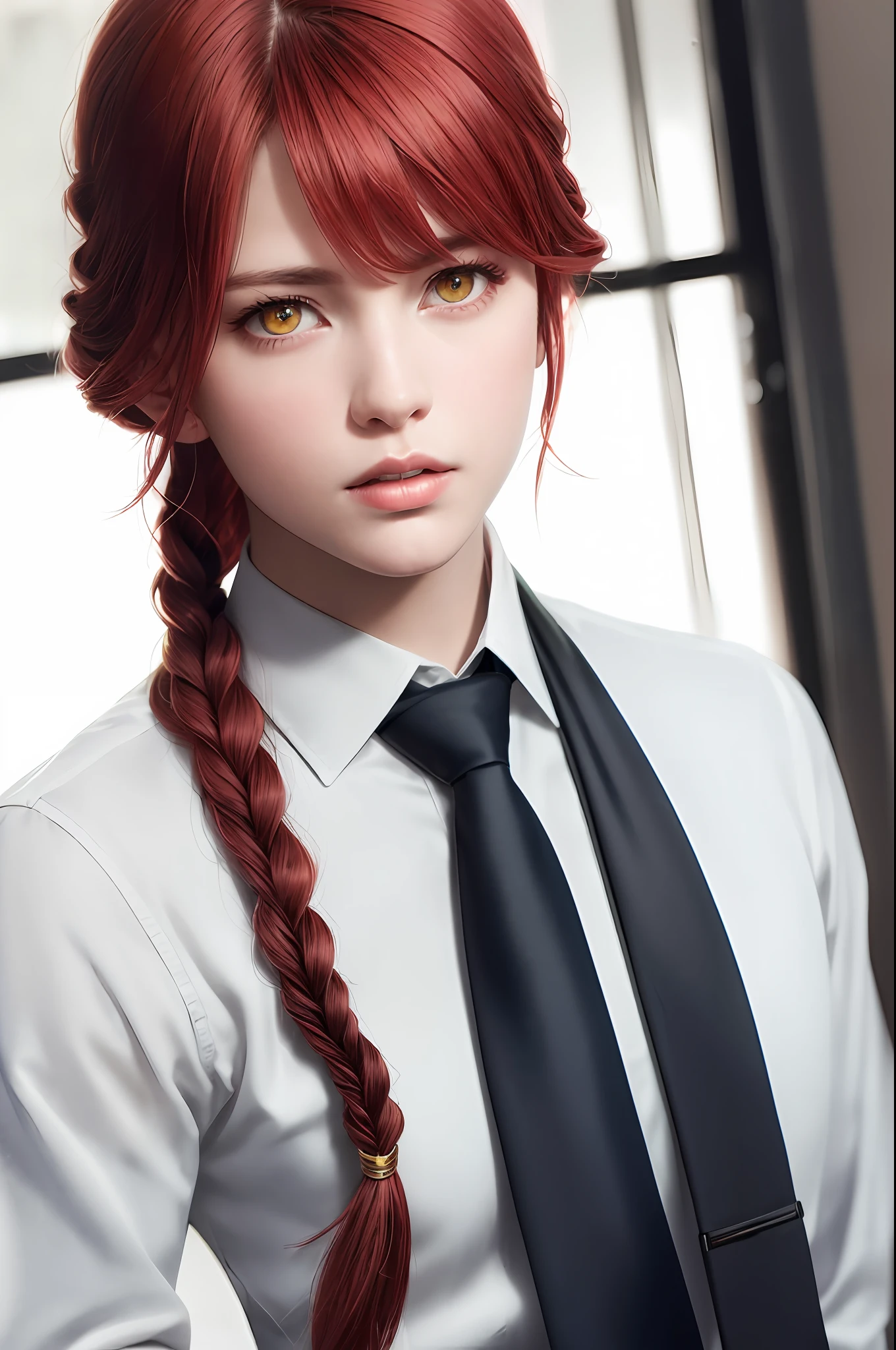 masterpiece, (photorealistic:1.4), best quality, beautiful lighting,
, makima \(chainsaw man\), (red hair)+(long braided hair)+(bangs), yellow eyes, golden eyes, (ringed eyes), (white shirt), (necktie),
RAW photo, 8k uhd, film grain