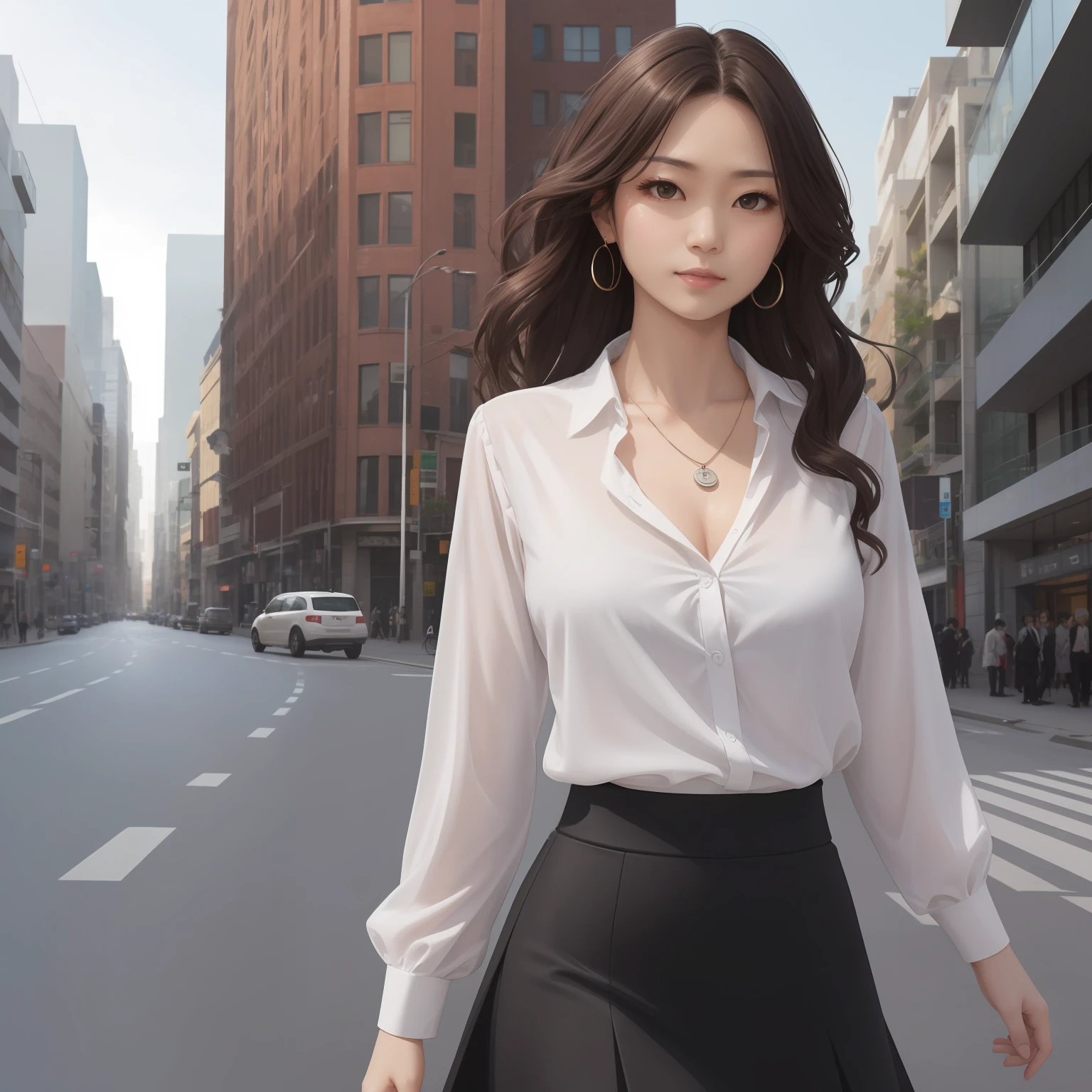 (best qualtiy,A high resolution,tmasterpiece:1.3),A tall and beautiful woman,Slender abs,Dark brown hair in loose wavy styling,nedium breasts,Wear a pendant,white button-down blouse,obi strip,a black skirt,(Modern architecture in background),Beautifully rendered details in face and skin textures,Detailed eyes,二重まぶた,Yang beyond --auto