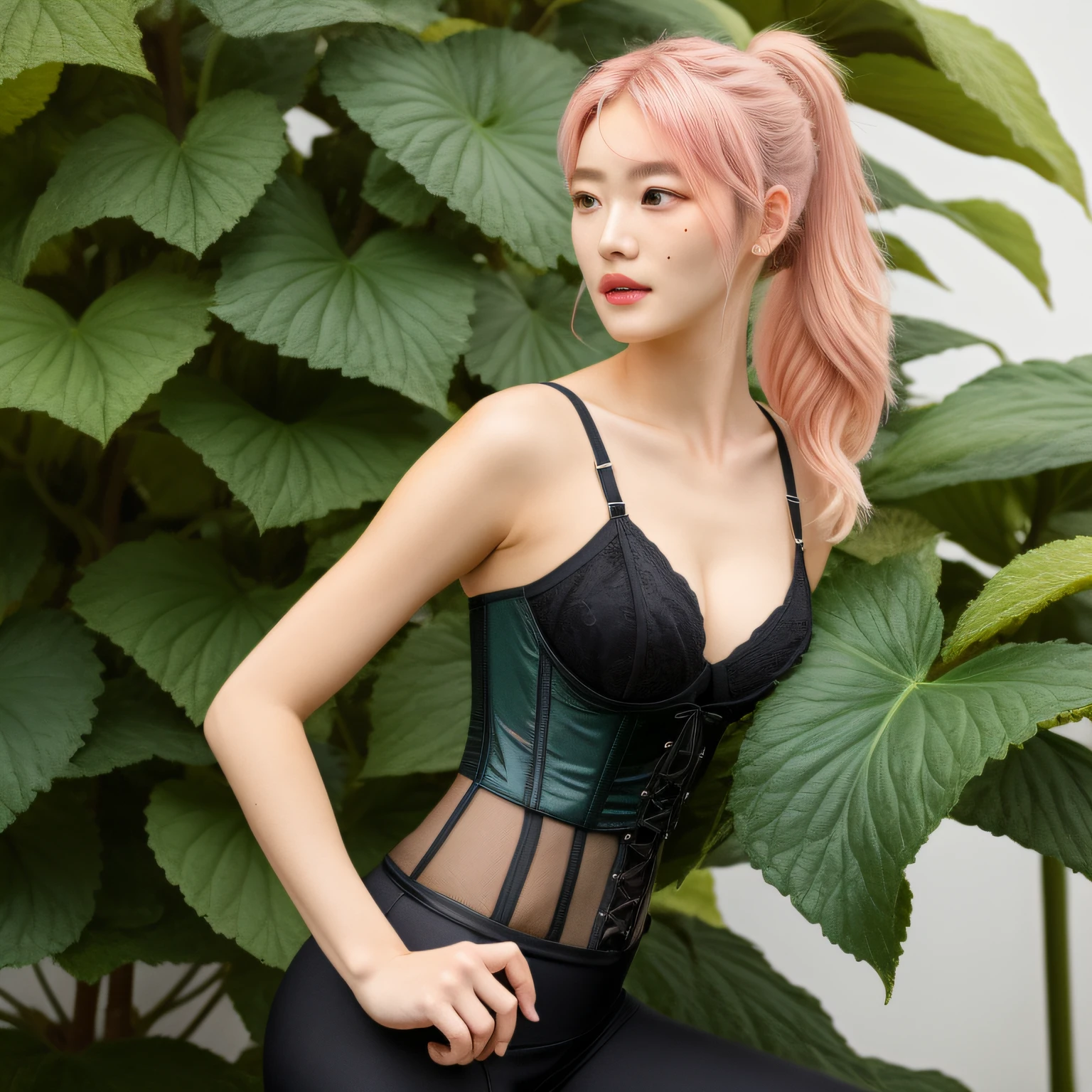 split ponytail, streaked hair, pink hair, mole under eye, Hyperrealism, masterpiece, best quality, super detail, textured skin，a woman,looki at viewer，（black corset，Flesh-colored yoga pants），（Stand next to a begonia tree）
