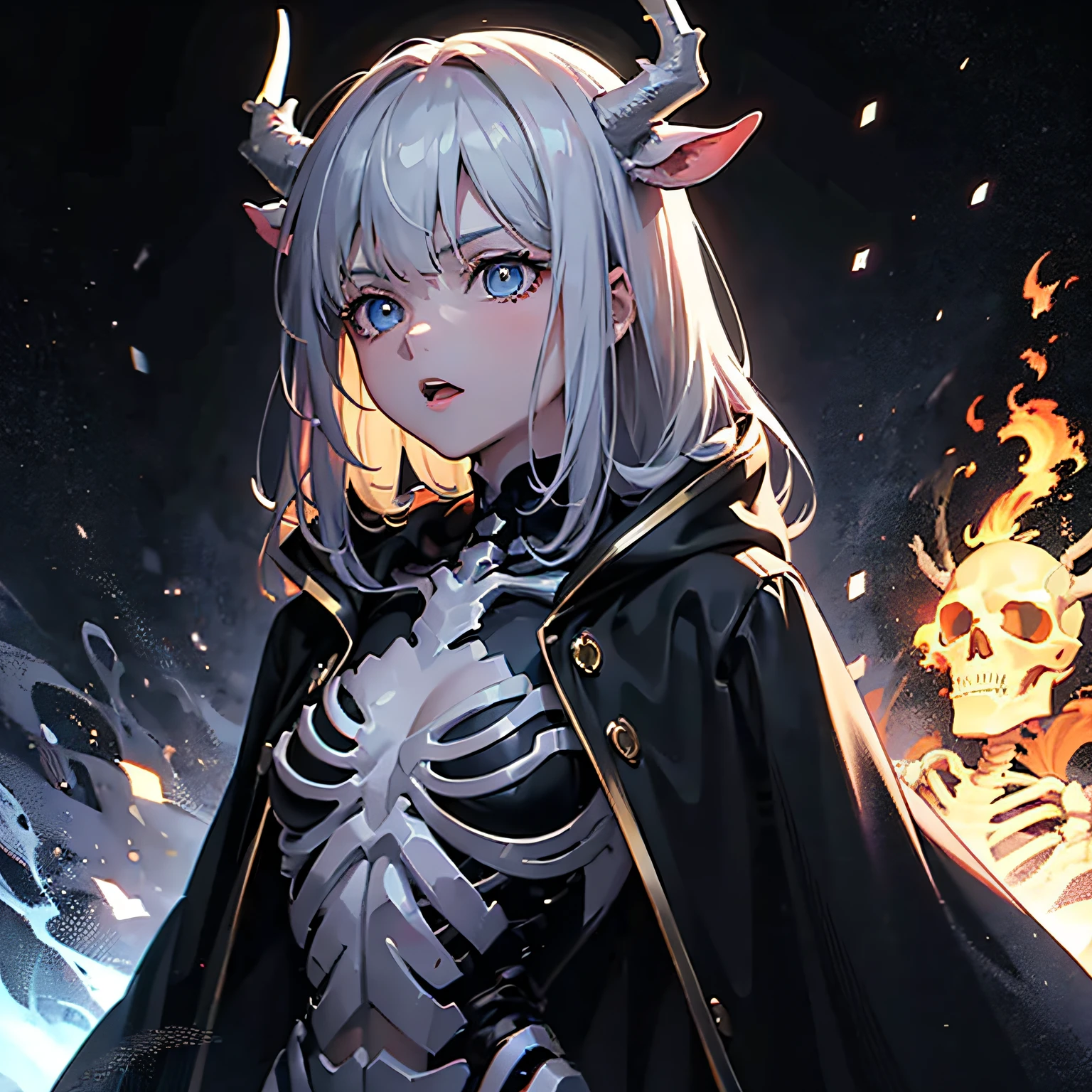 (Best quality, Ultra-detailed CG unity 8k wallpaper), A skeleton,There is a skeleton deer head and six skull hands,There are three human heads on the chest,Pointed mouth,Black cape,with black background,Wide scene,cold shades,A sense of mystery,Dark shadows,clear silhouette,Strong contrast of pure black skull,The details are meticulous,Vivid and eye-catching effects --auto