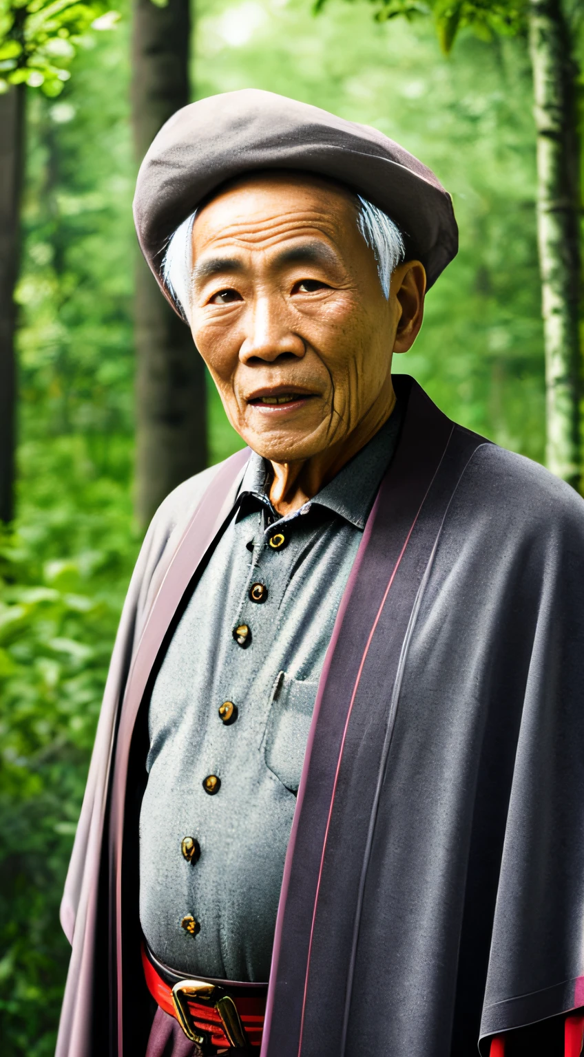 Portrait photography style，A masterpiece of the world，Ultra-unique, highly professional digital art，Film format，Hyper-realistic，Color motion picture film photography with ultra-fine detail and quality，The background is deep in the forest，An elderly man in rural China，Wise old man。He wears an old cape，The eyes are kind and shrewd。He stood upright，His skin had been blackened and powerful by the sun and rain，Wrinkles are fixed on the corners of the mouth and forehead，It seems that his years have precipitated。Wearing a dark gown, although the appearance is simple，But it exudes sublime wisdom and a sense of tenacity of strength。