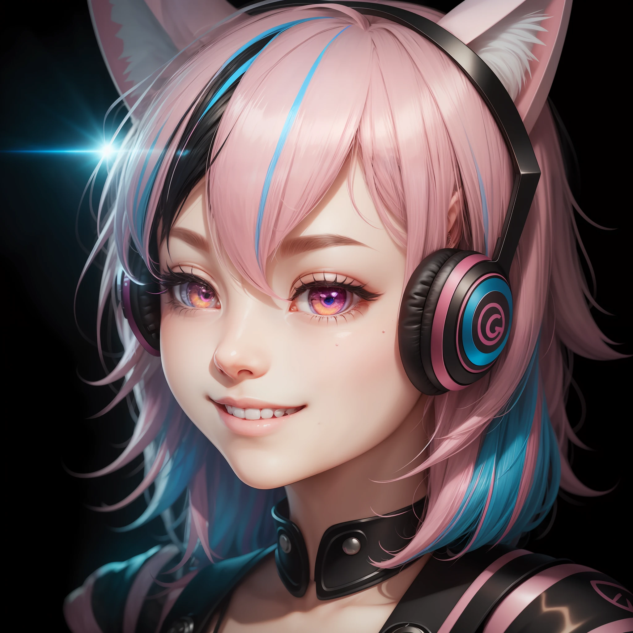 black hair, multicolored hair, pink hair, colored inner hair, curtained hair, big hair, expressive hair, hair over eyes, hair strand, hairband, hair ribbon, hair bobbles, lolita hairband, mole under eye, eye reflection, color contact lenses, cat ears, cat ear headphones, kemonomimi mode, smile, light smile, evil smile, shy, shy, puckered lips, seductive smile, full blush, heavy breathing, heart in eye, torogao, naughty face, naughty, Surrealism, Surrealism, high detail, Futurism, Realism, depth of field, motion blur, god rays, optical illusion, stereogram, anaglyph, close-up, pov, Sony FE GM, 8k, super detail, UHD, masterpiece, retina, ccurate, anatomically correct, textured skin, textured skin, award winning, highres, best quality, high quality, super detail, anatomically correct, 8k, 8k, 4K --auto